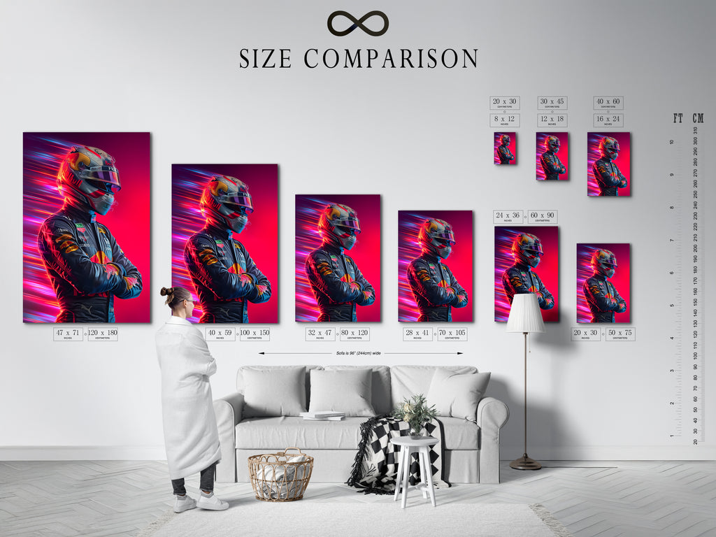 A size comparison chart is displayed in an interior setting. The chart showcases Formula Racing artwork. This helps visualize the perfect fit for your space. Choose the ideal size for your automotive wall art.