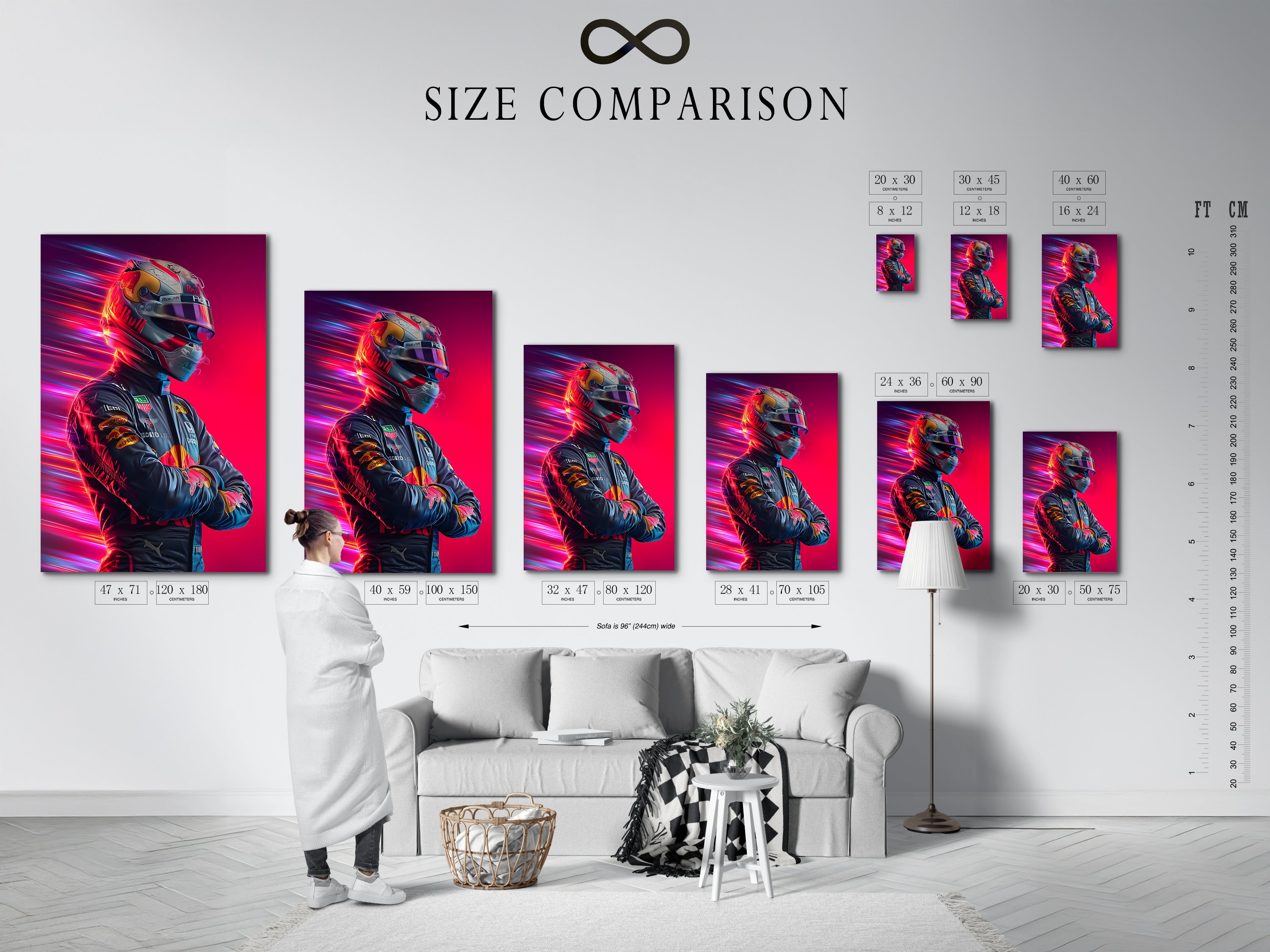 Size comparison chart in an interior setting. It is featuring Formula Racing artwork. The chart shows available sizes for canvas prints. Also fine art posters in various frame options.  It helps visualize the artwork in your space. Perfect for planning your wall decor.