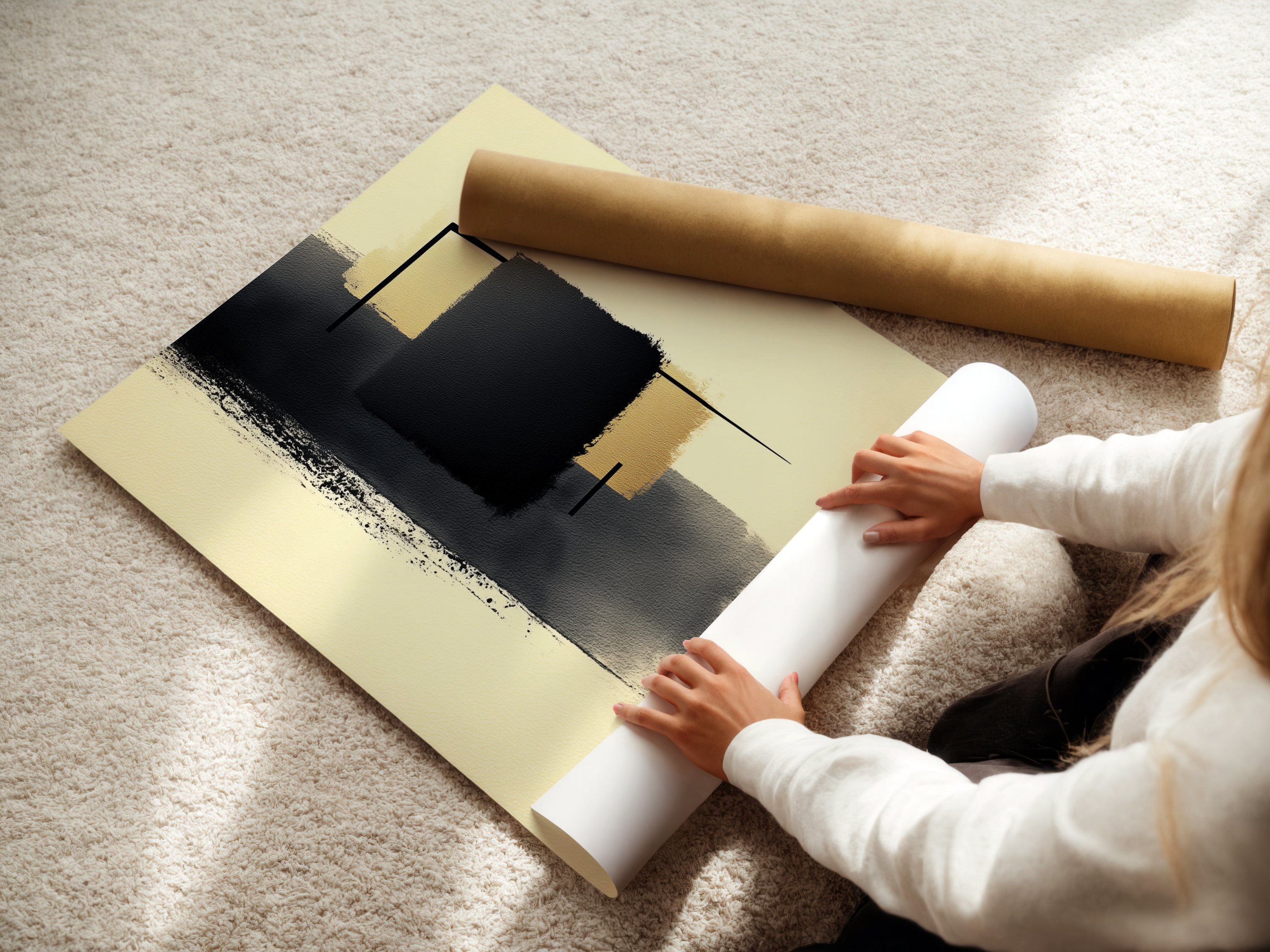A woman carefully rolls a fine art poster paper print of Abstract Shapes. This modern geometric artwork features beige and black colors. It is perfect for creating stunning wall art. High-quality materials ensure a lasting and beautiful artwork. Ideal for modern home art or office wall decor. Available in various sizes.