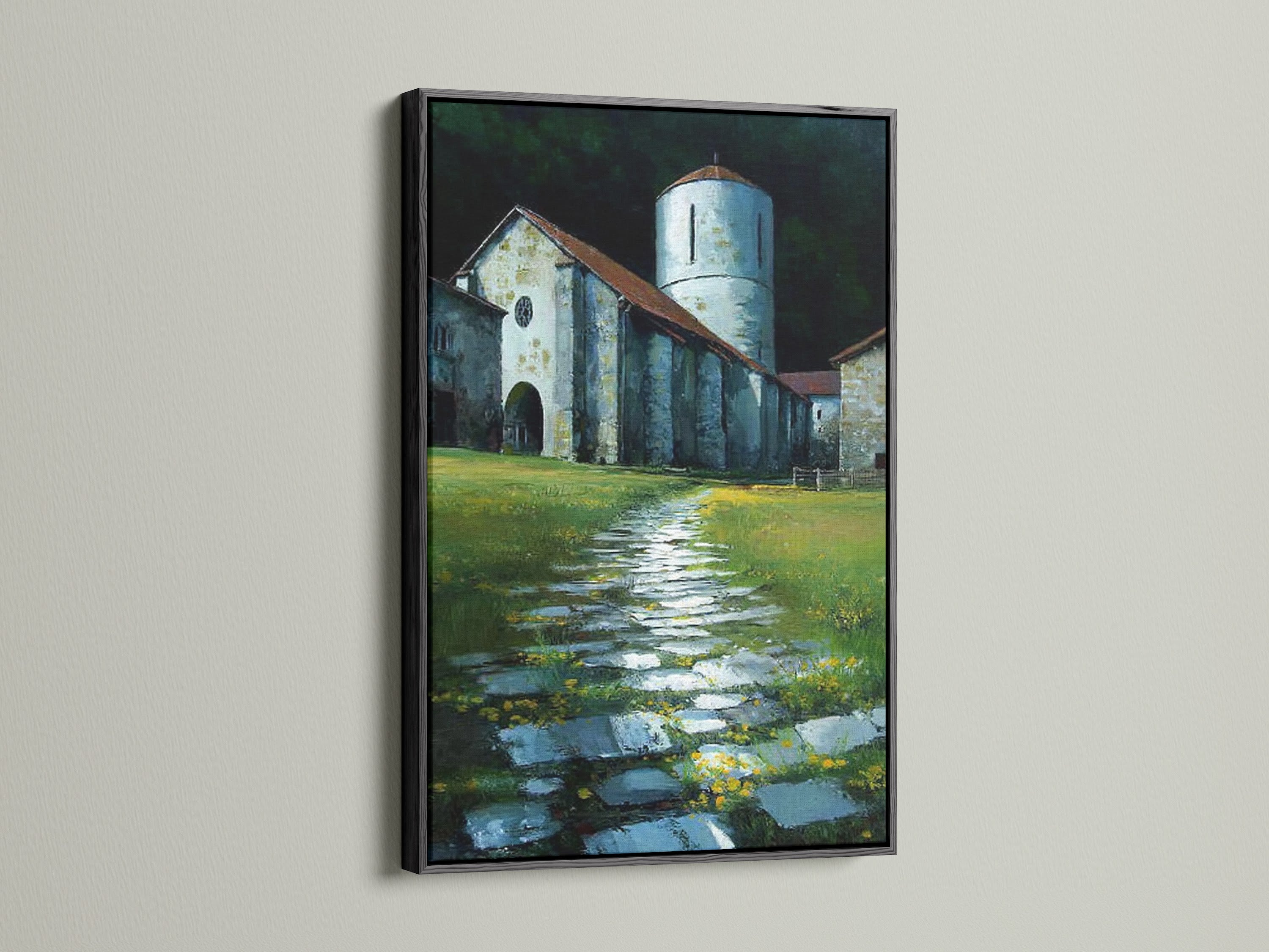 The church tower artwork is showcased in a black frame. This building canvas enhances office wall art. The stone pathway is surrounded by greenery. This vintage artwork is perfect for study room decor
