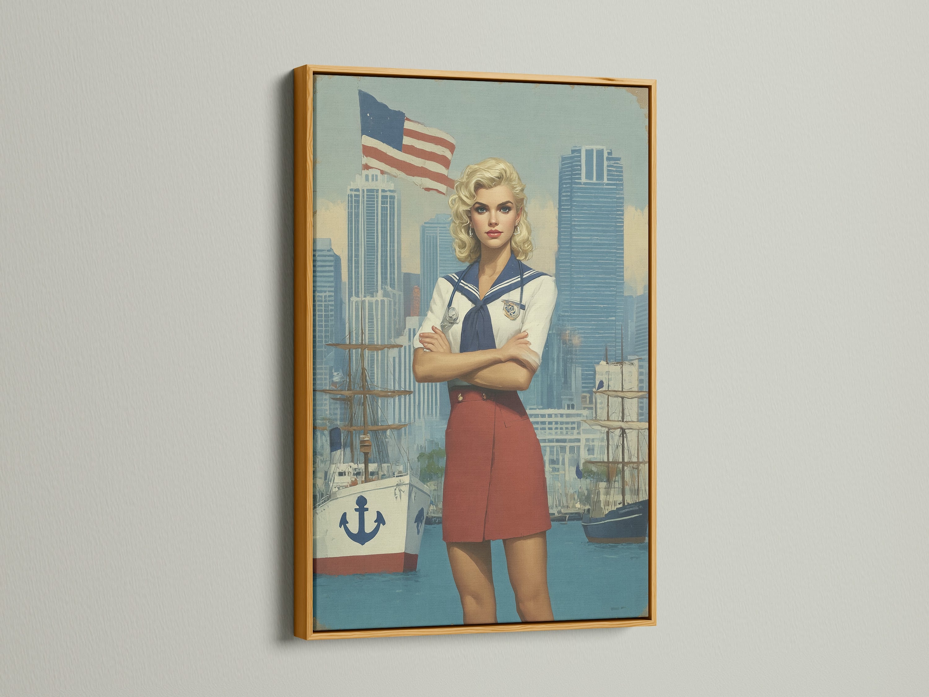Retro Sailor Girl artwork with a gold frame. This nautical wall artwork adds elegance. Ideal for boutique wall decor and themed restaurants. Elevate your space with vintage military artwork.