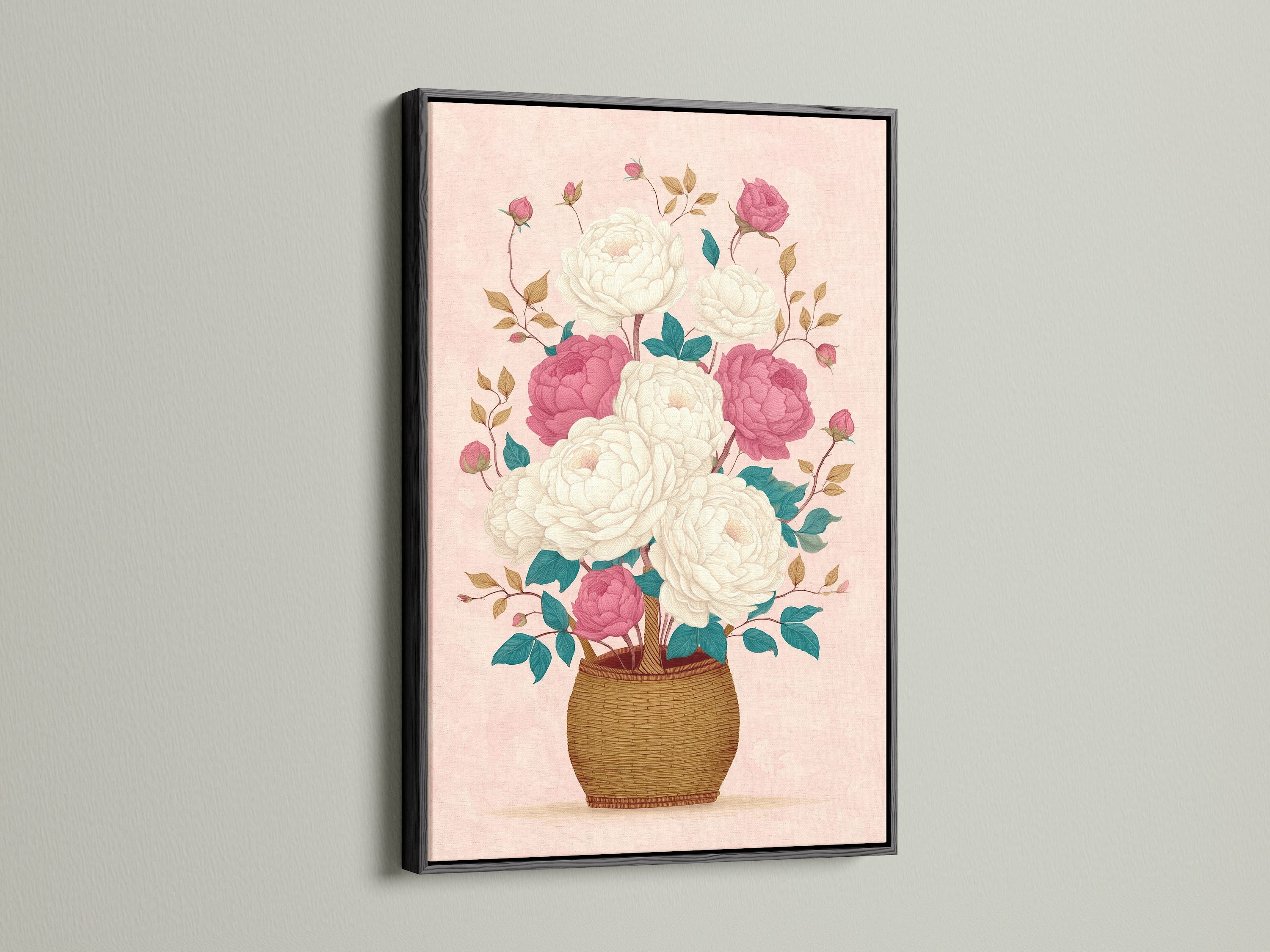 Striking floral canvas print featuring pink peony artwork. The artwork is showcased in a black frame. Transform your space with botanical flower artwork. Enhance your home decor with cottagecore aesthetic flower art.