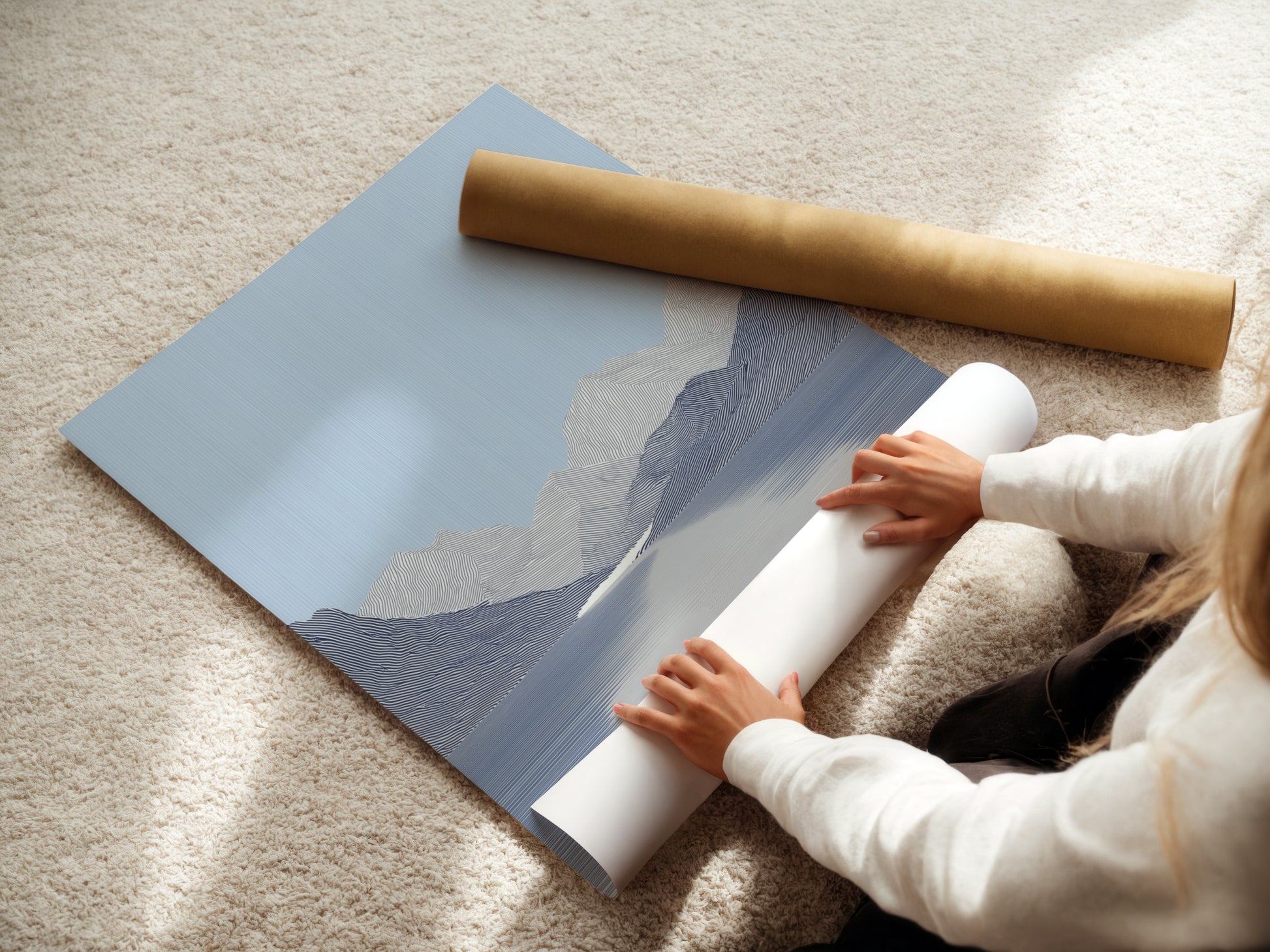 A woman is carefully rolling a fine art poster paper. The poster paper is of high quality. This ensures the artwork remains pristine. The poster paper is perfect for artwork prints. Protect your fine artwork with high-quality poster paper.