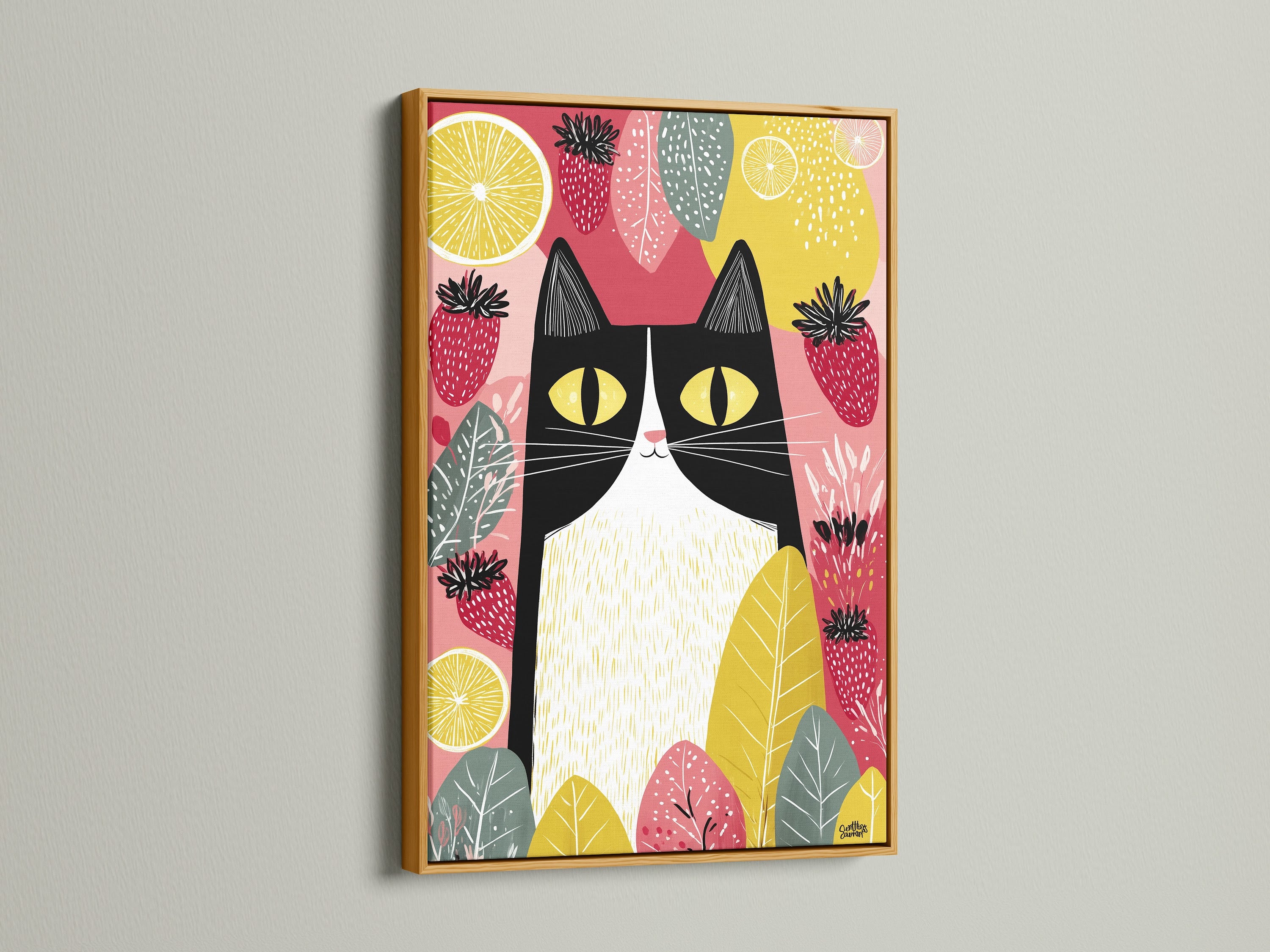 A gold frame enhances this colorful cat artwork. The modern folk cat canvas features a playful fruit. This kitchen wall art is perfect for a dining room. It is great as Scandinavian art. It is ideal for adding a touch of whimsy to your space. It is perfect as a cat lover gift.