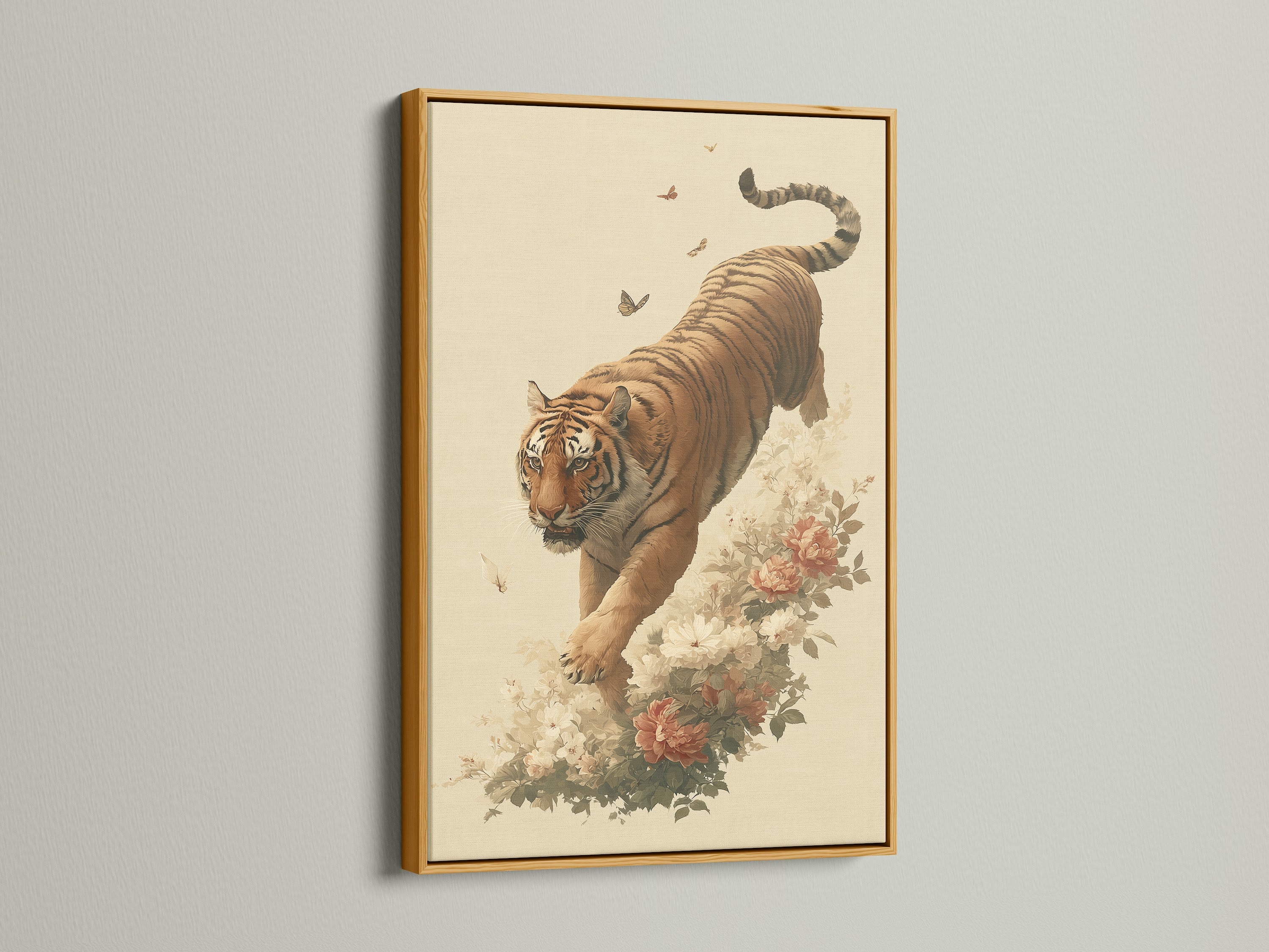 Vintage tiger art print in a luxurious gold frame. This asian wall art brings a touch of elegance and sophistication. The gold frame enhances the traditional aesthetic of the wildlife canvas. This artwork is ideal for homeowners renters and interior stylists. It is perfect for adding a touch of vintage charm.