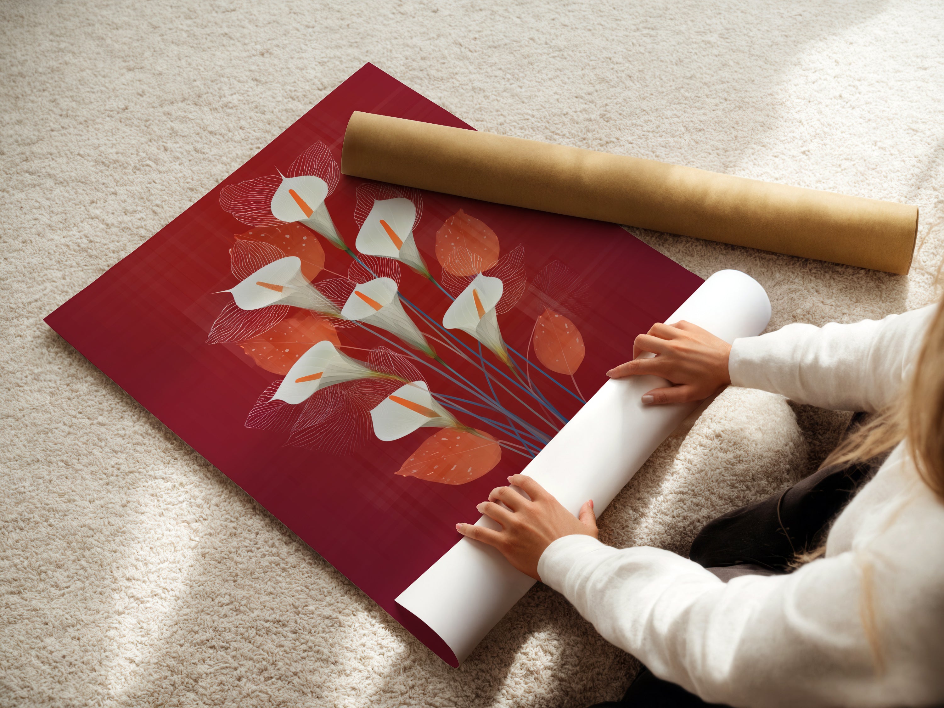 A woman rolls a fine art poster paper of the calla lily artwork. The poster paper allows for affordable botanical art. Ideal for homeowners and apartment dwellers. Bring a touch of floral artwork to your space with this poster.