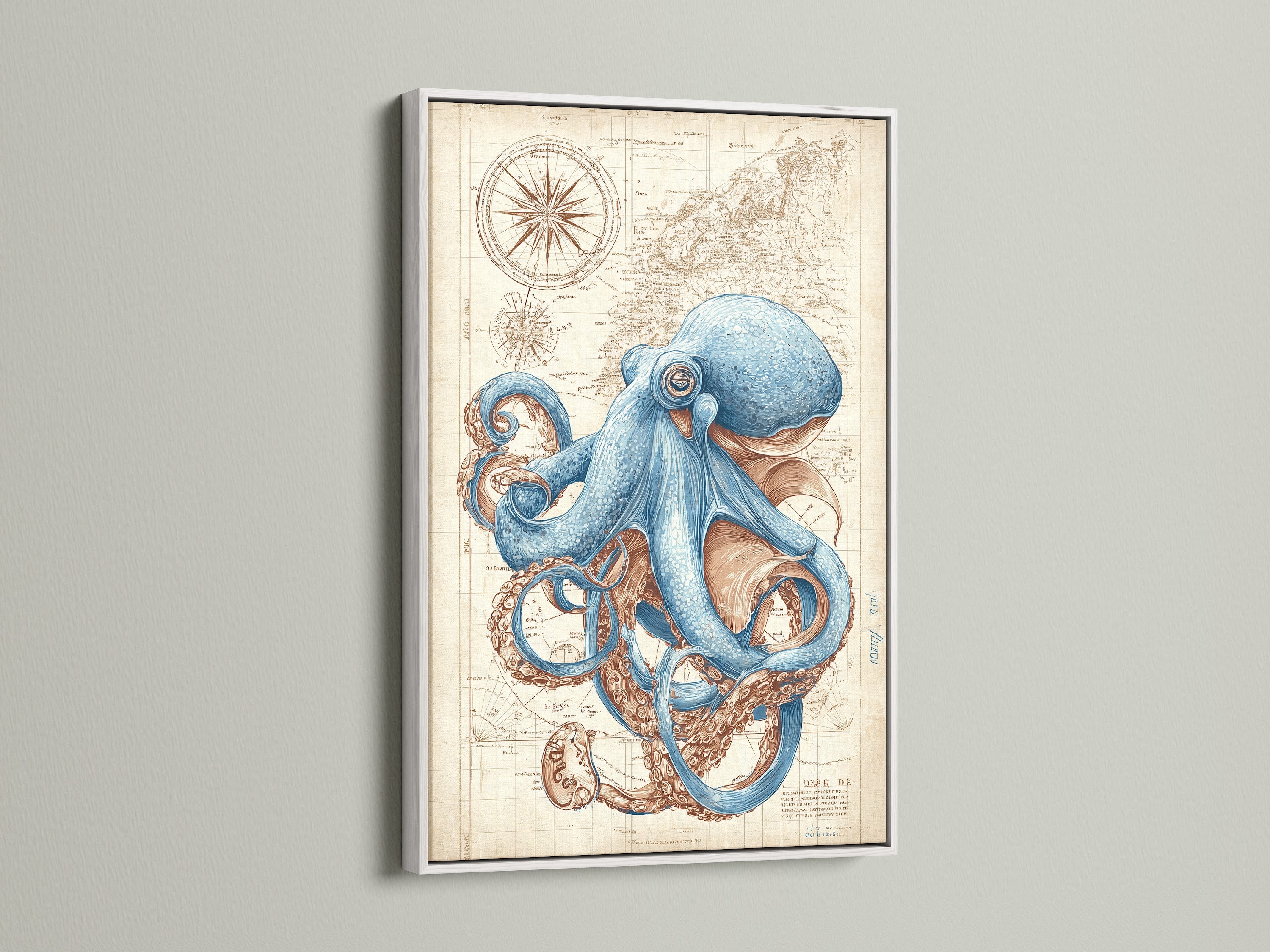 An eye-catching octopus artwork showcased in a white frame. The contrast of the white frame makes the artwork pop. This framed artwork is mounted on a white wall. Great for bringing a coastal vibe to your home or office. A stylish piece for any art lover.