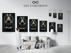 A size comparison chart is displayed in an interior setting. It shows the various sizes available for the rabbit monk art. This gothic wall art can fit any space. Choose the perfect size for your dark academia decor. This religious art print adds character.