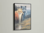 Black frame showcasing a wildlife family canvas print. This bear wolf and fox artwork offers a sophisticated look. Find the perfect animal lover gift with our woodland art.
