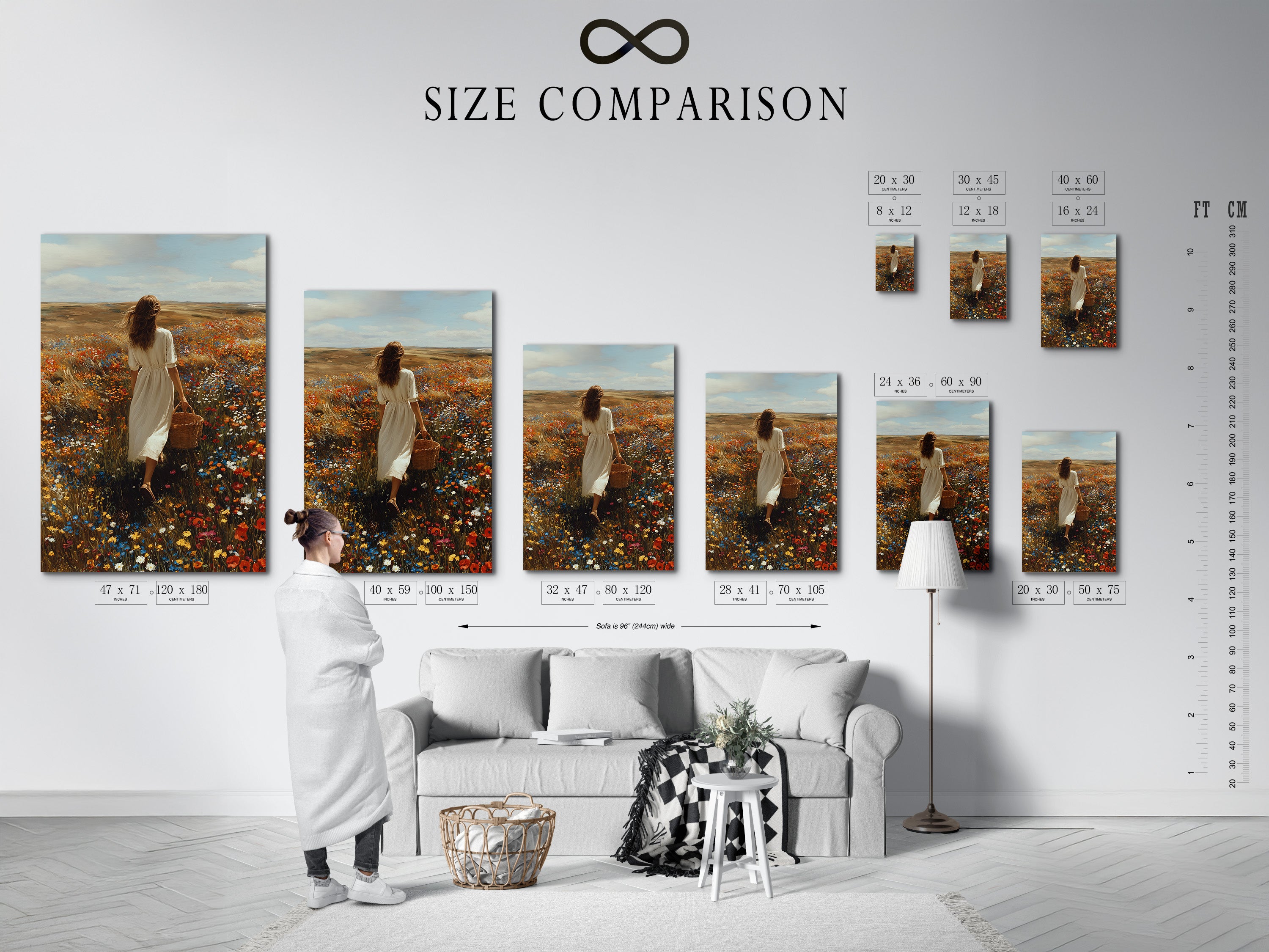Size comparison chart in a stylish interior setting. Visualize how different sizes of artwork will look in your home. The chart helps you choose the perfect dimensions for your space. Plan your wall decor with ease. Find the ideal size for your art. Enhance your home with perfectly sized artwork.