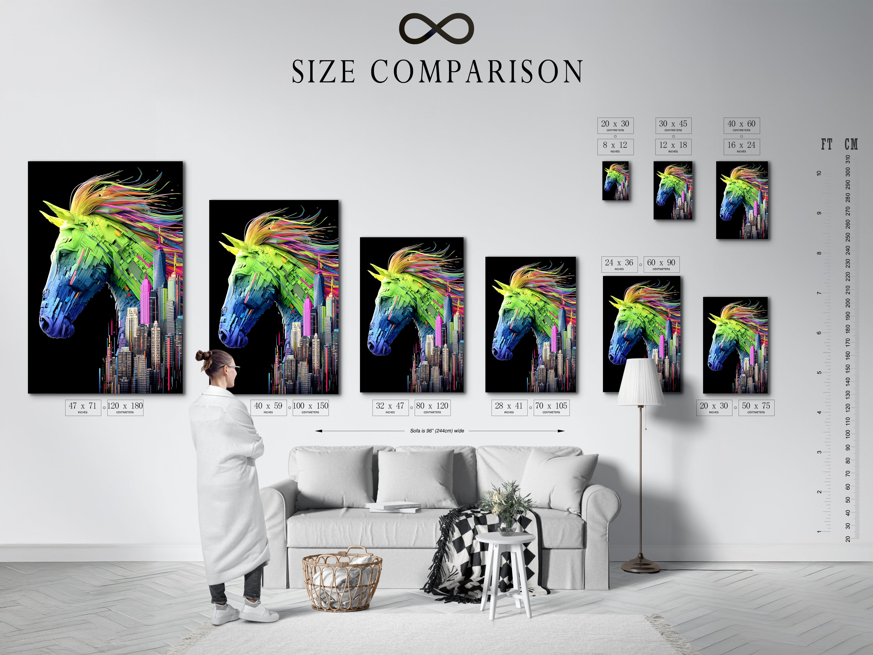 Use our size comparison chart to visualize artwork in your space. See how this horse art fits on your wall. Plan your perfect modern wall art display. Find the right size for your home or office.