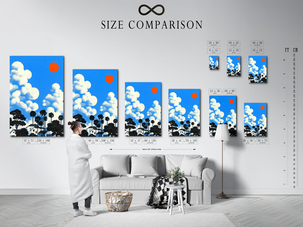 A size comparison chart shows the house and clouds artwork in an interior setting. Visualize the perfect size for your space. This chart helps you choose the ideal art lover gift and office wall decor.