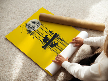 A woman is carefully rolling a fine art poster paper. The poster features the bear and canoe yellow moon artwork. The nature silhouette print is about to become a stunning piece of wall art. This fine art poster paper ensures a high-quality reproduction. Perfect for any art lover.