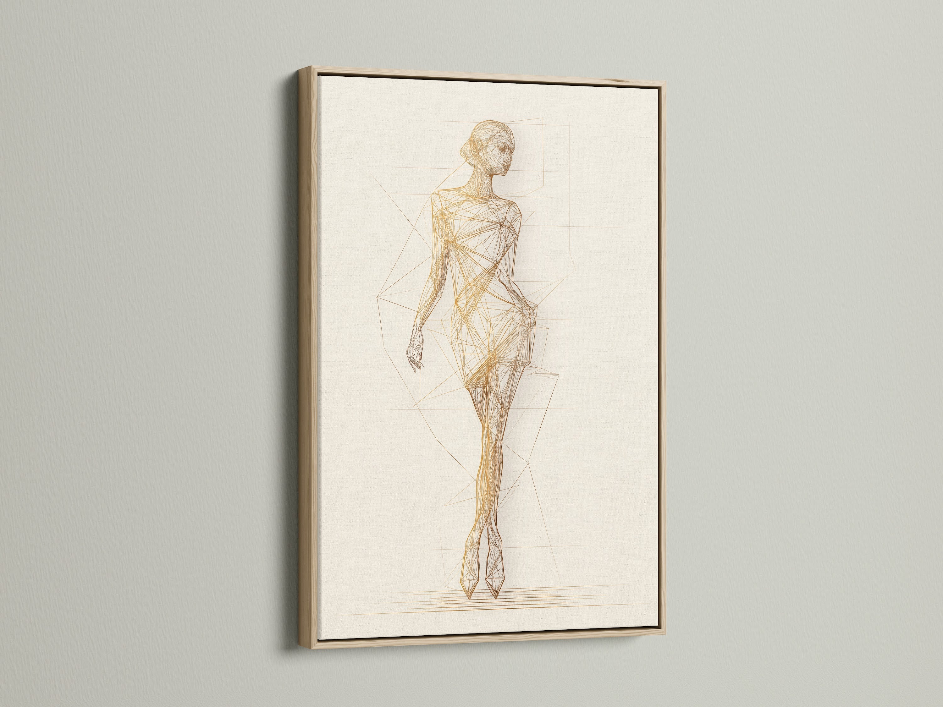 Ballet Dancer Art Print with oak frame mounted on a white wall. This minimalist dance canvas print adds elegance to any space. The art is ideal for style-conscious homeowners and interior decorators. It complements minimalist modern or art deco aesthetics.