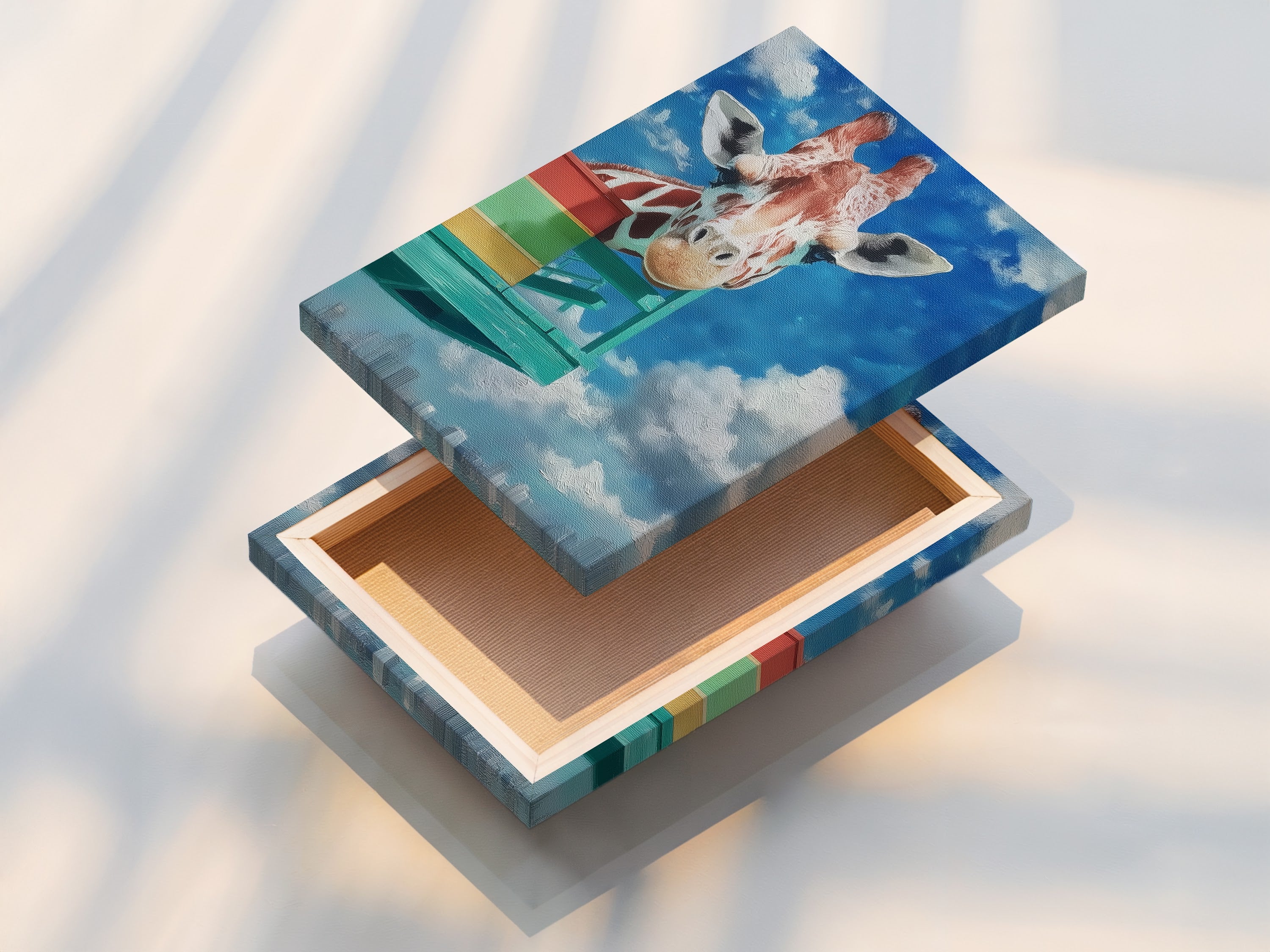 A stretched canvas print of the giraffe artwork is displayed. The colorful cityscape and playful animal artwork bring life to any wall. This canvas art is ready to hang and enjoy. Perfect for adding a modern touch to your decor. Enhance your space with this unique print.