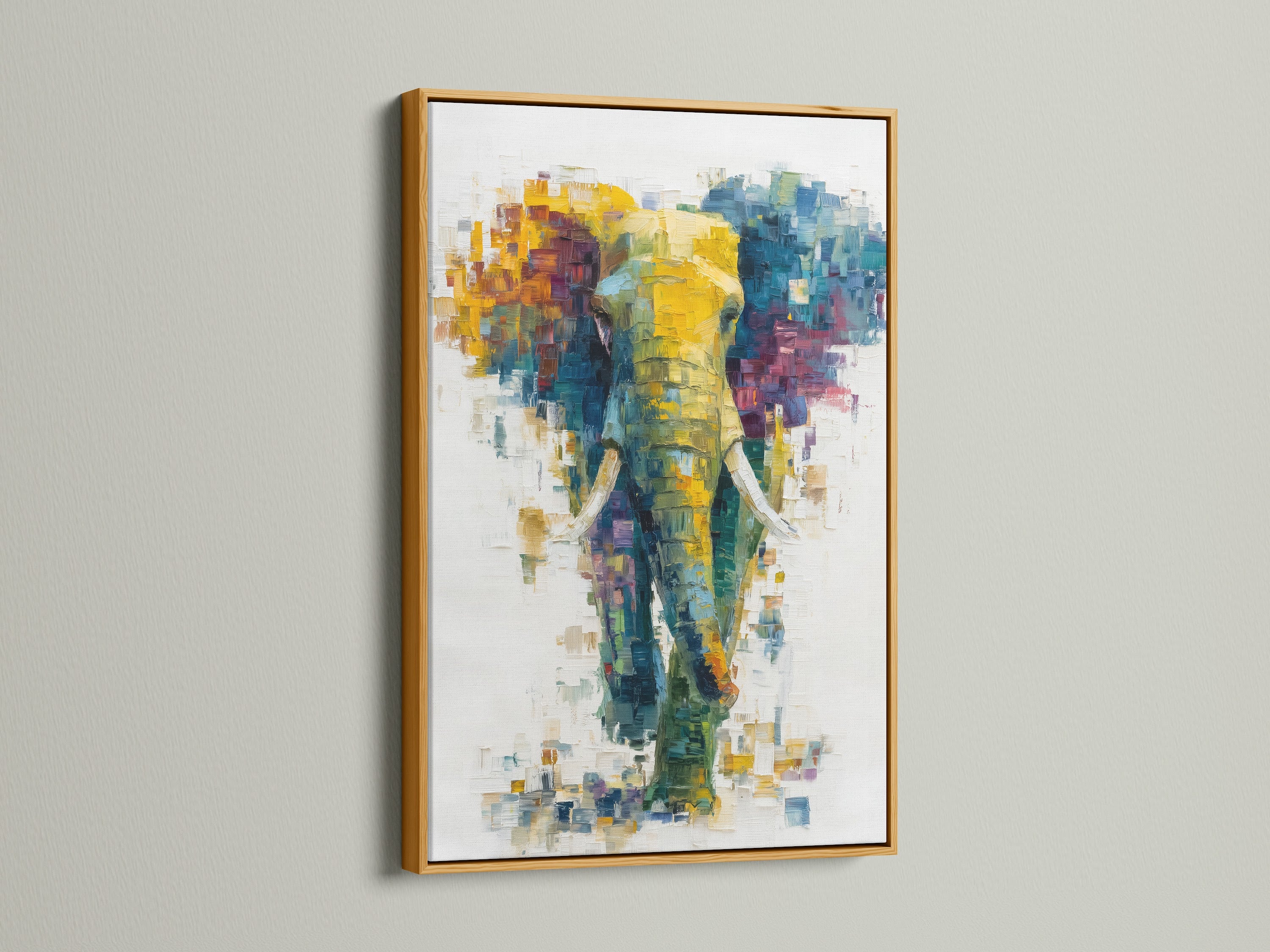 Here is an abstract elephant artwork displayed in a luxurious gold frame. This colorful animal artwork adds a touch of elegance to any space. The gold frame enhances the artwork's richness and vibrancy.