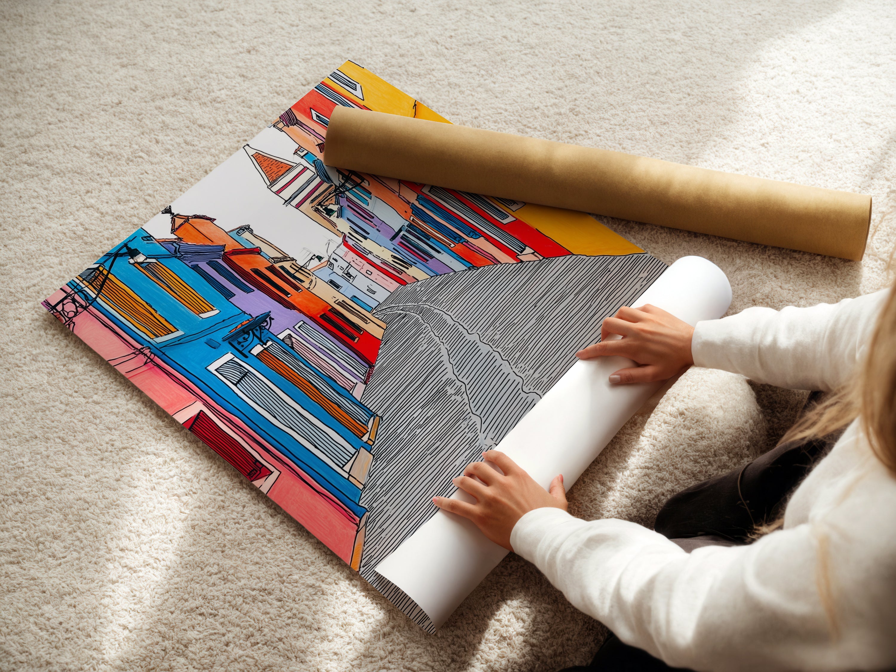 A woman carefully rolling a fine art poster paper featuring Burano Italy artwork. Highlighting the quality and care in handling this colorful Italian architecture print.  Perfect for homeowners renters and interior designers.