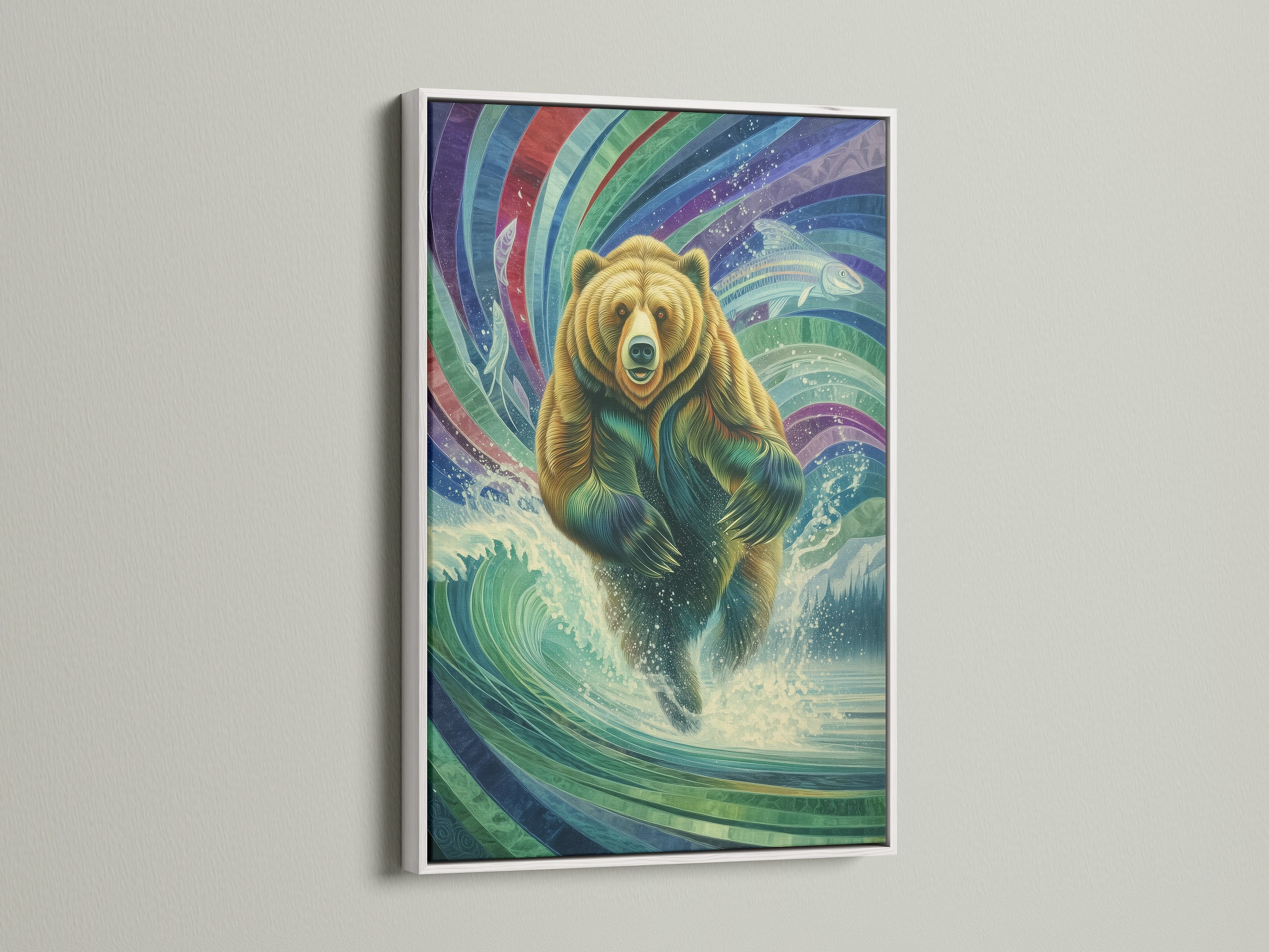 Mystical Grizzly Bear artwork in a white frame. This surreal nature art showcases a bear emerging from water with vibrant colors. A perfect piece of bear wall art for adding a touch of wilderness to your bedroom or living room. Discover this colorful bear print.