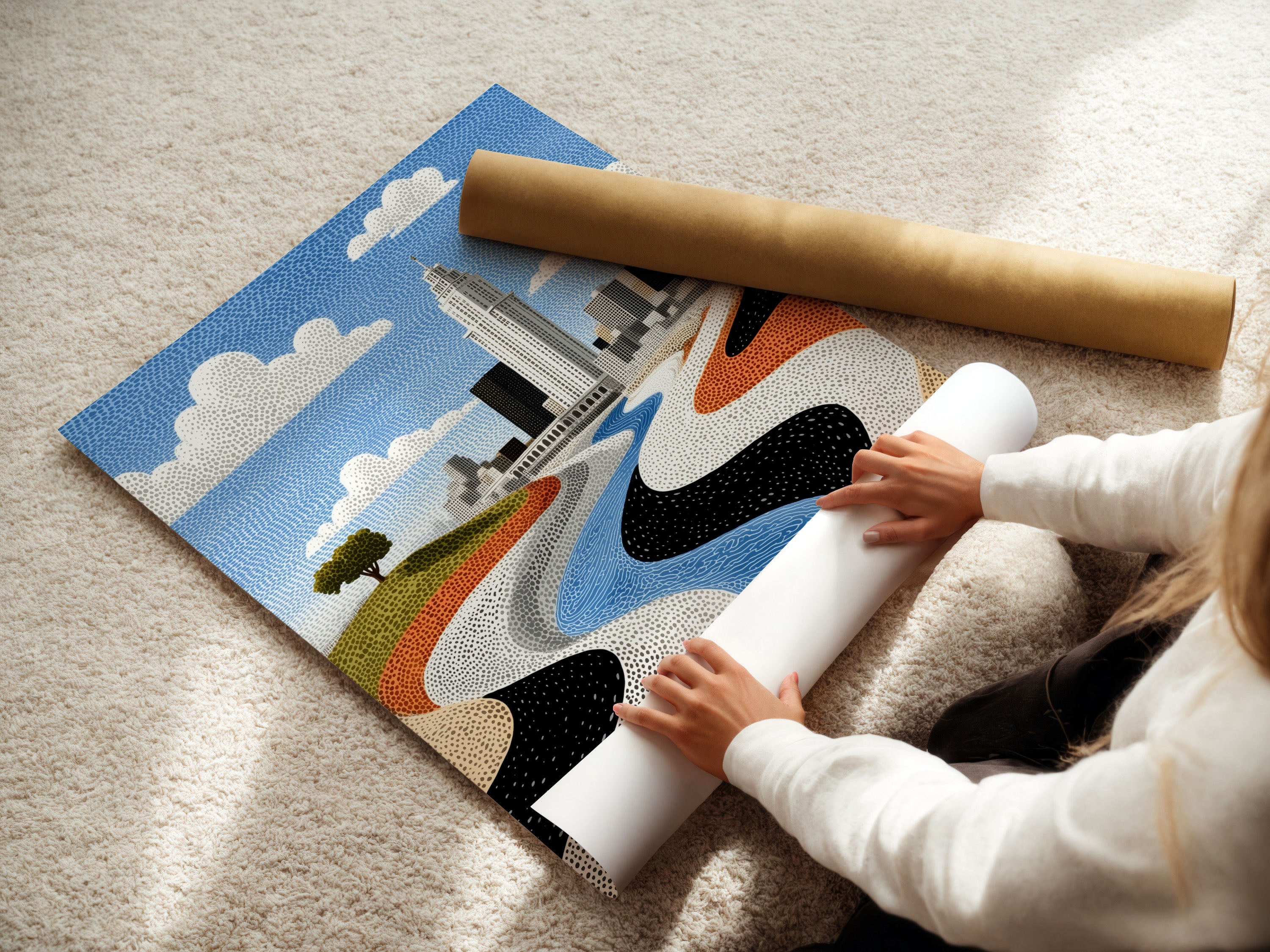 A woman is carefully rolling a fine art poster paper. The paper features a modern city skyline artwork. This urban landscape piece is perfect for contemporary art lovers. Ideal for stylish home decor.