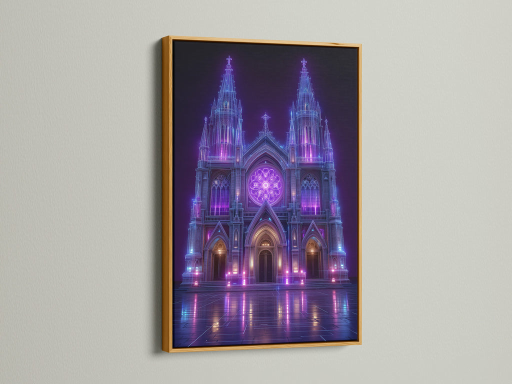 Elevate your gothic art with a gold frame. This cyberpunk wall art exudes luxury. The gold frame complements the purple and blue tones. Ideal for adding sophistication to your office wall art. Bring elegance to your gothic home decor.