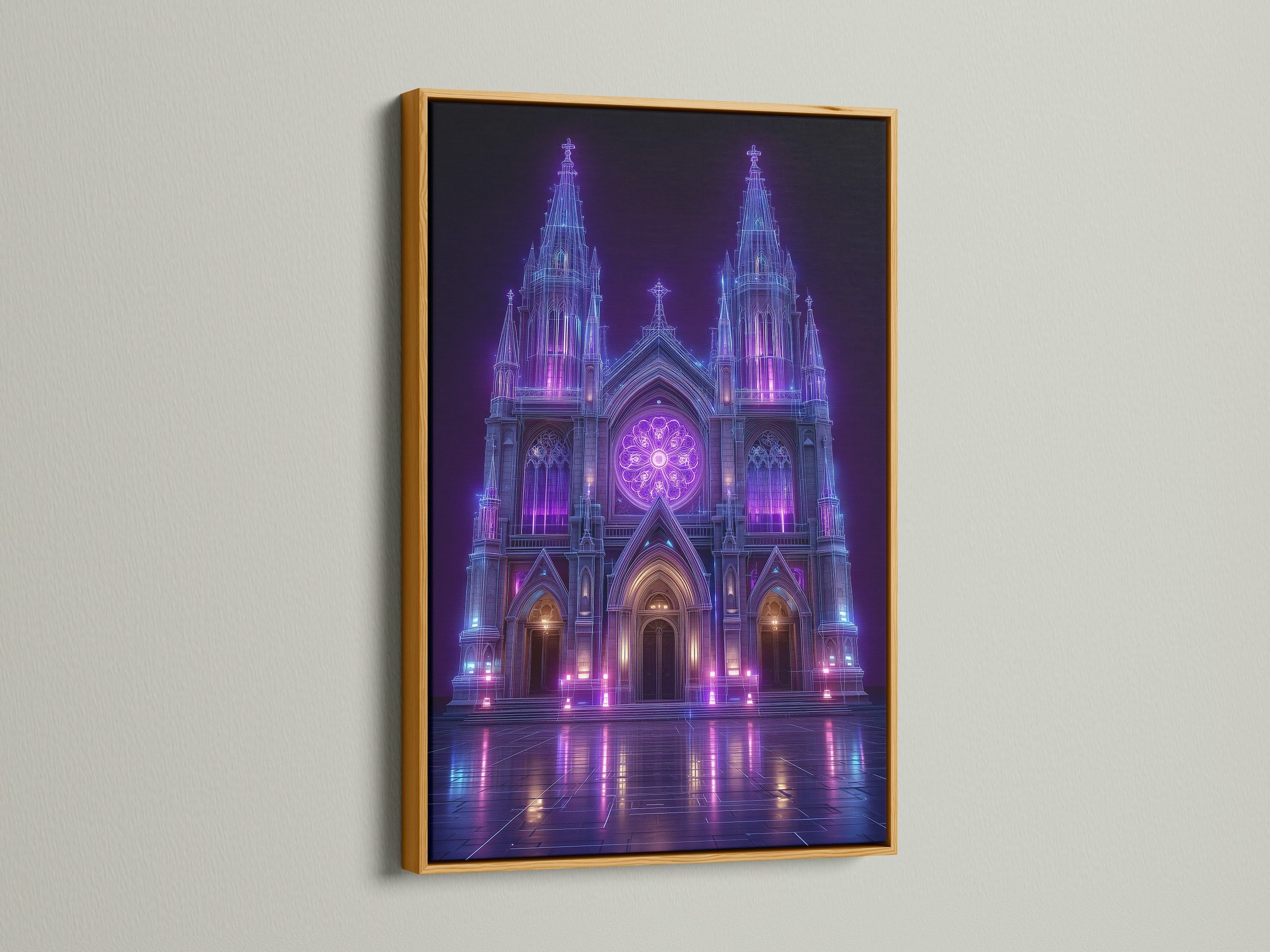 Elevate your gothic art with a gold frame. This cyberpunk wall art exudes luxury. The gold frame complements the purple and blue tones. Ideal for adding sophistication to your office wall art. Bring elegance to your gothic home decor.