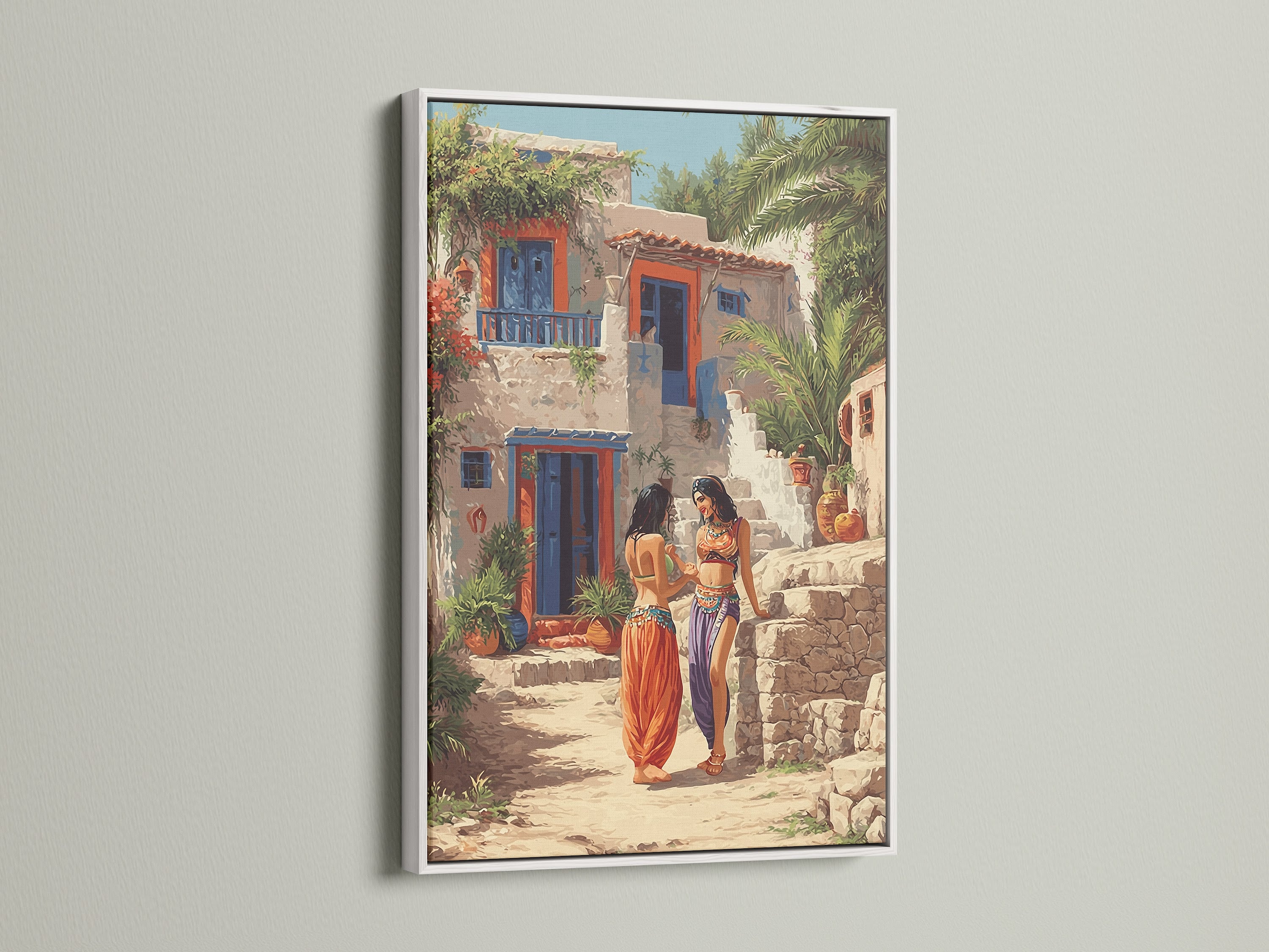 Mediterranean Women artwork in a white frame. This colorful art is a beautiful addition to any home. The figures print adds a unique touch to your wall decor. It is perfect for sunrooms lobbies and cafes. This european art canvas print is ideal for boutique owners seeking elevated Mediterranean decor. The white frame enhances the artwork.