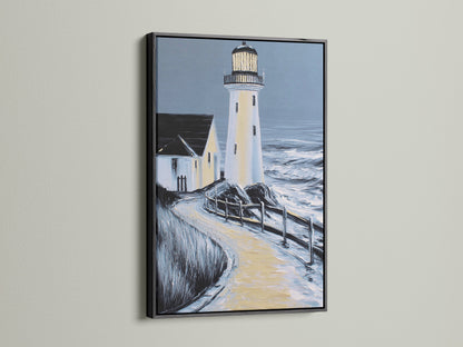 Lighthouse coastal artwork in a black frame. This nautical artwork adds a modern touch to any wall. The black frame creates a bold statement. Consider it for living rooms bedrooms or beach houses.