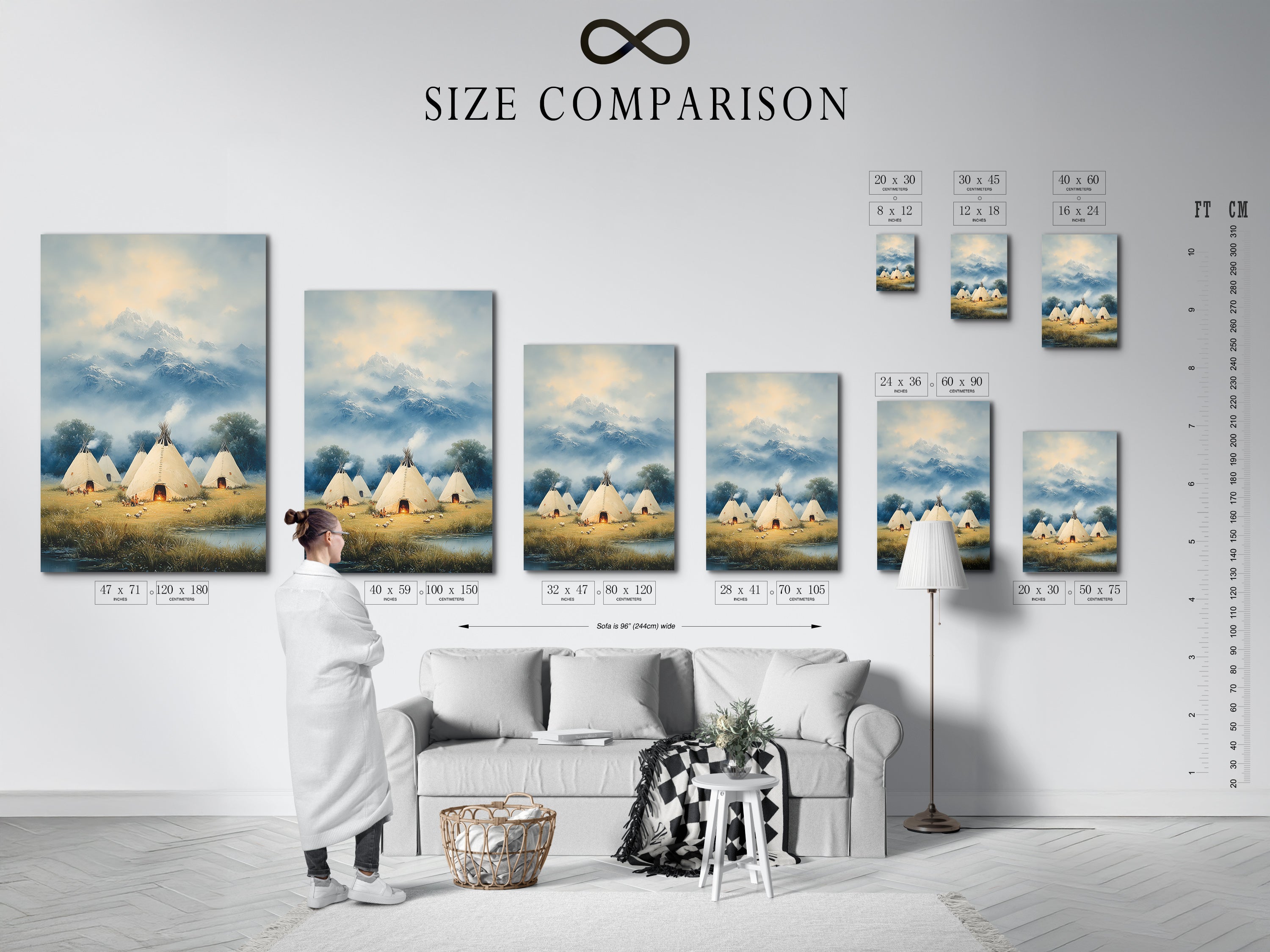 A size comparison chart showcasing Native American Teepee Mountain Wall Art in an interior setting. This helps visualize the perfect size for your space. The artwork complements any cabin decor. It is ideal for southwest art enthusiasts. Choose the right size for your tranquil art.