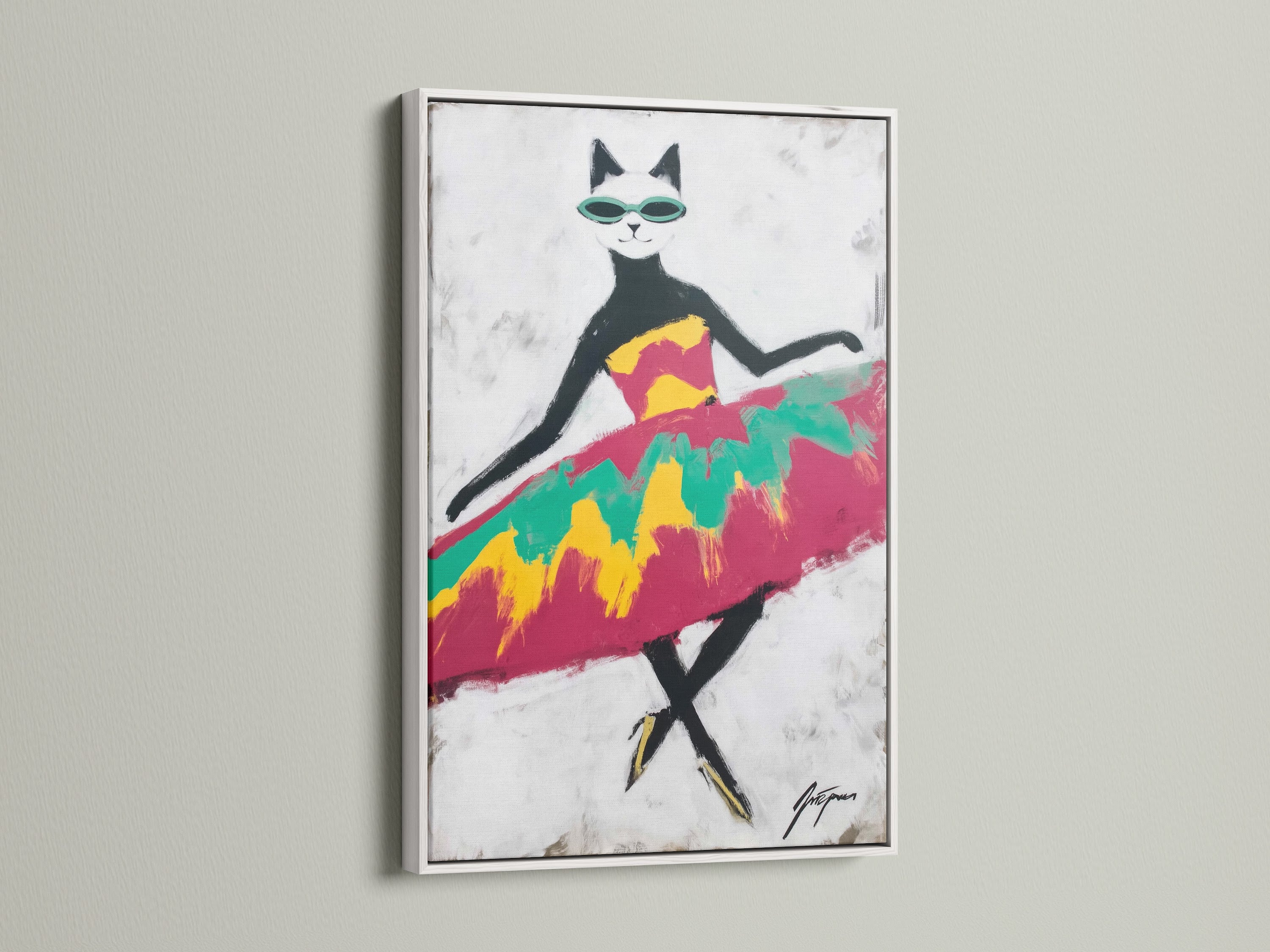 The Cool Cat Art Print is featured in a white frame. The white frame provides a clean modern look. The artwork is perfect for kids' room art. The colorful cat print offers a bright touch. It's great as animal wall decor.