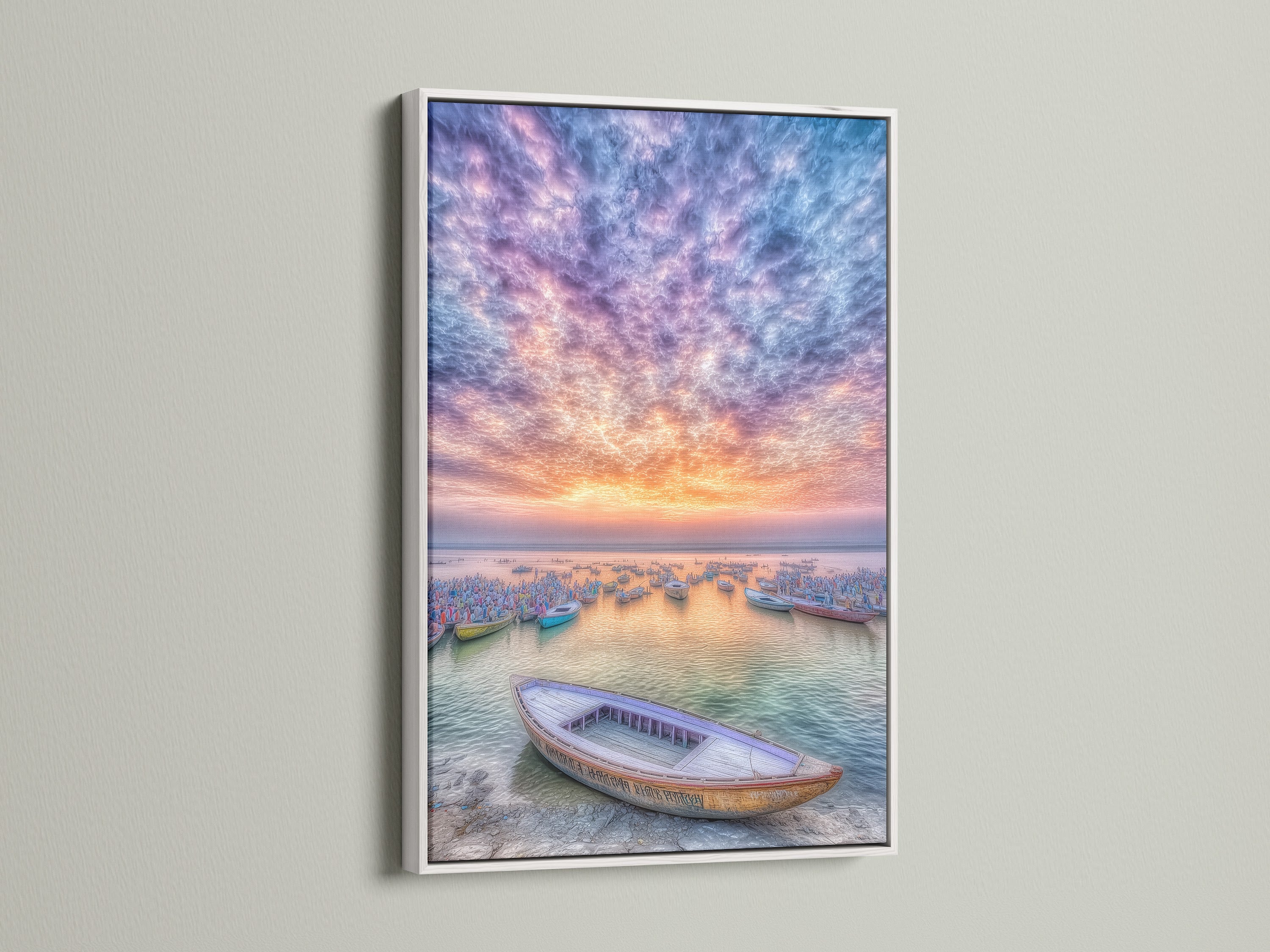 Harbor Sunset art print displayed in a white frame. The coastal artwork showcases fishing boats under a colorful sunset. This seascape canvas art adds a calming touch to any space. The white frame enhances its serene aesthetic. Perfect for creating a tranquil atmosphere in your living room or bedroom.