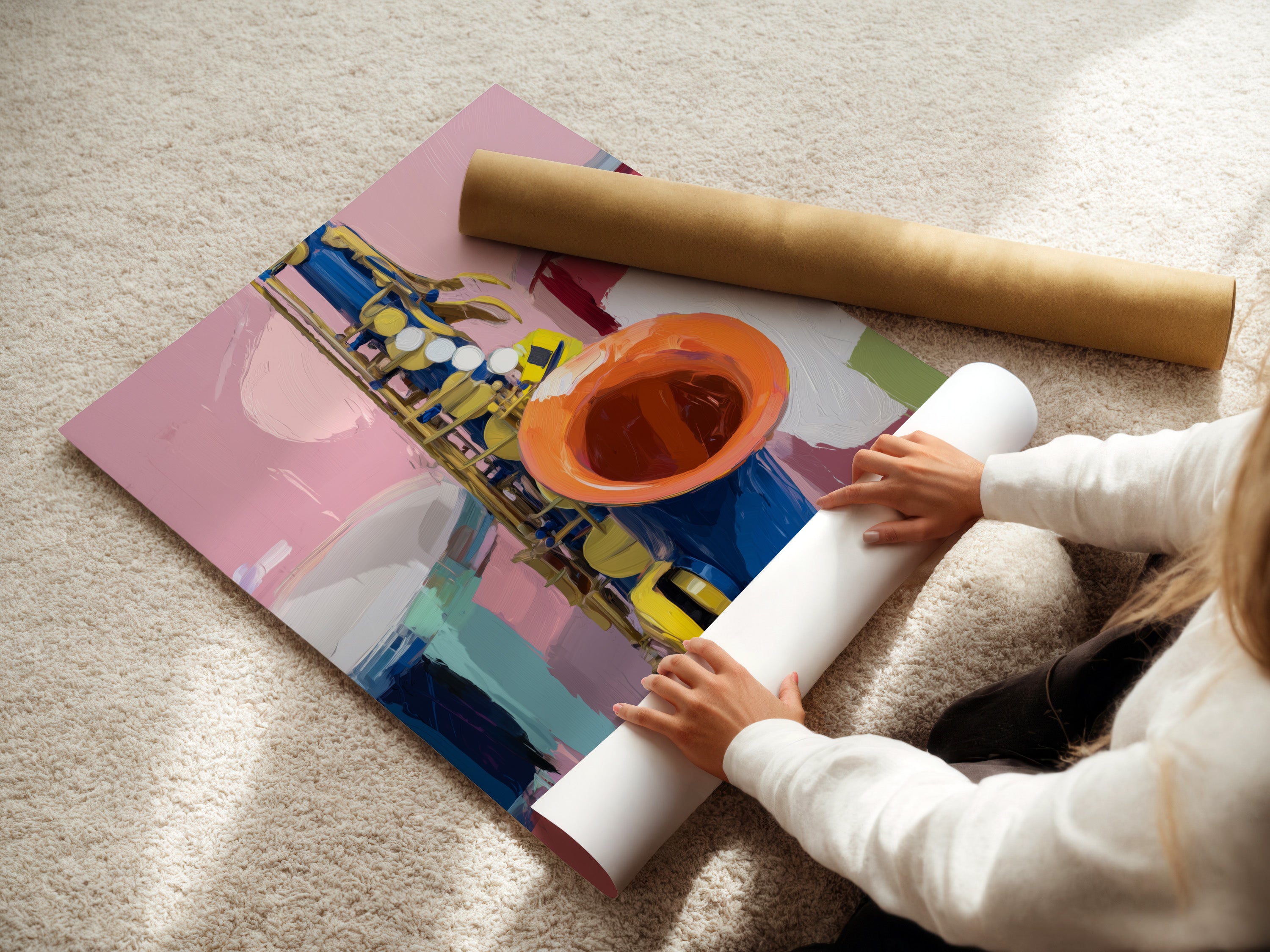 This shows a woman carefully rolling a fine art poster paper. The saxophone artwork is being prepared for display. This high-quality print is perfect for framing. The print is ideal for adding a touch of musical inspiration to any space. Great for music room wall art.