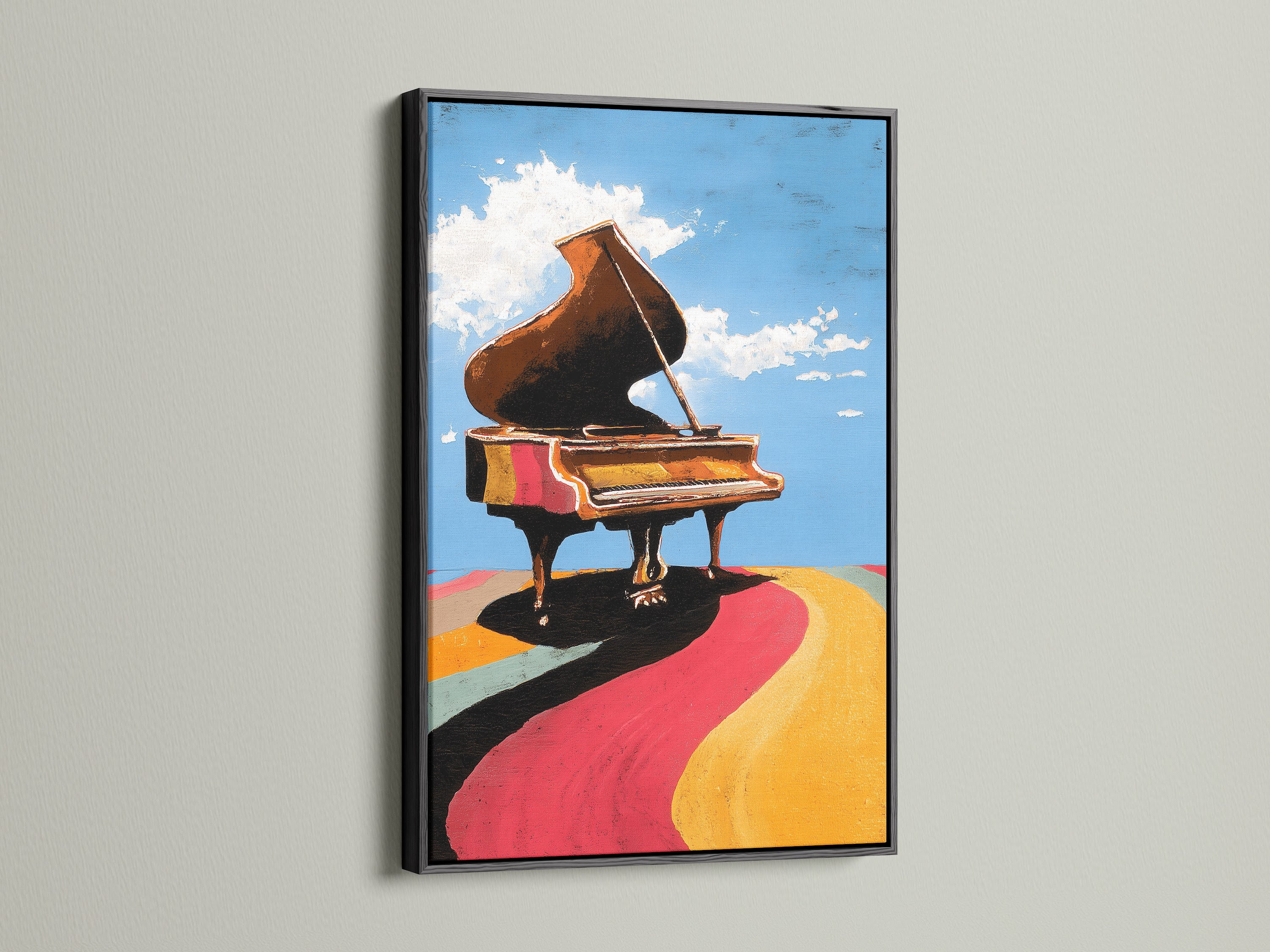 The piano artwork is presented in a sleek black frame. The black frame adds a touch of sophistication to the colorful artwork. This contrast makes the artwork a focal point in any room. Perfect for contemporary homes and music spaces. Bring a modern edge to your walls with this framed art.