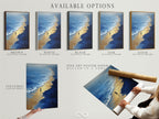 Available options for the Beach Walk artwork are displayed. Choose from a stretched canvas print. A fine art poster paper. Or a floating frame option. This coastal wall art enhances any room. Perfect for minimalist bedroom decor.
