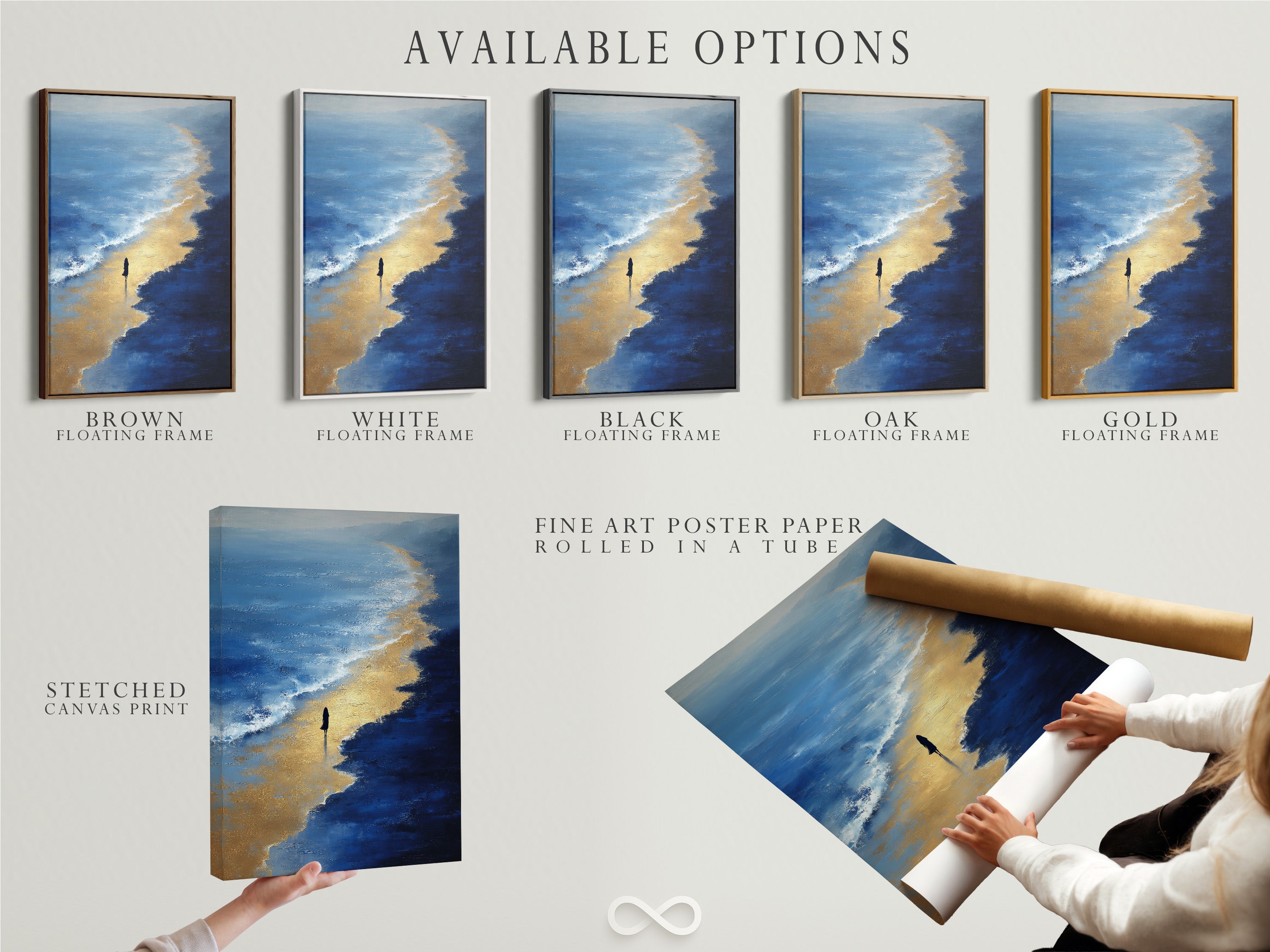 Available options for the Beach Walk artwork are displayed. Choose from a stretched canvas print. A fine art poster paper. Or a floating frame option. This coastal wall art enhances any room. Perfect for minimalist bedroom decor.
