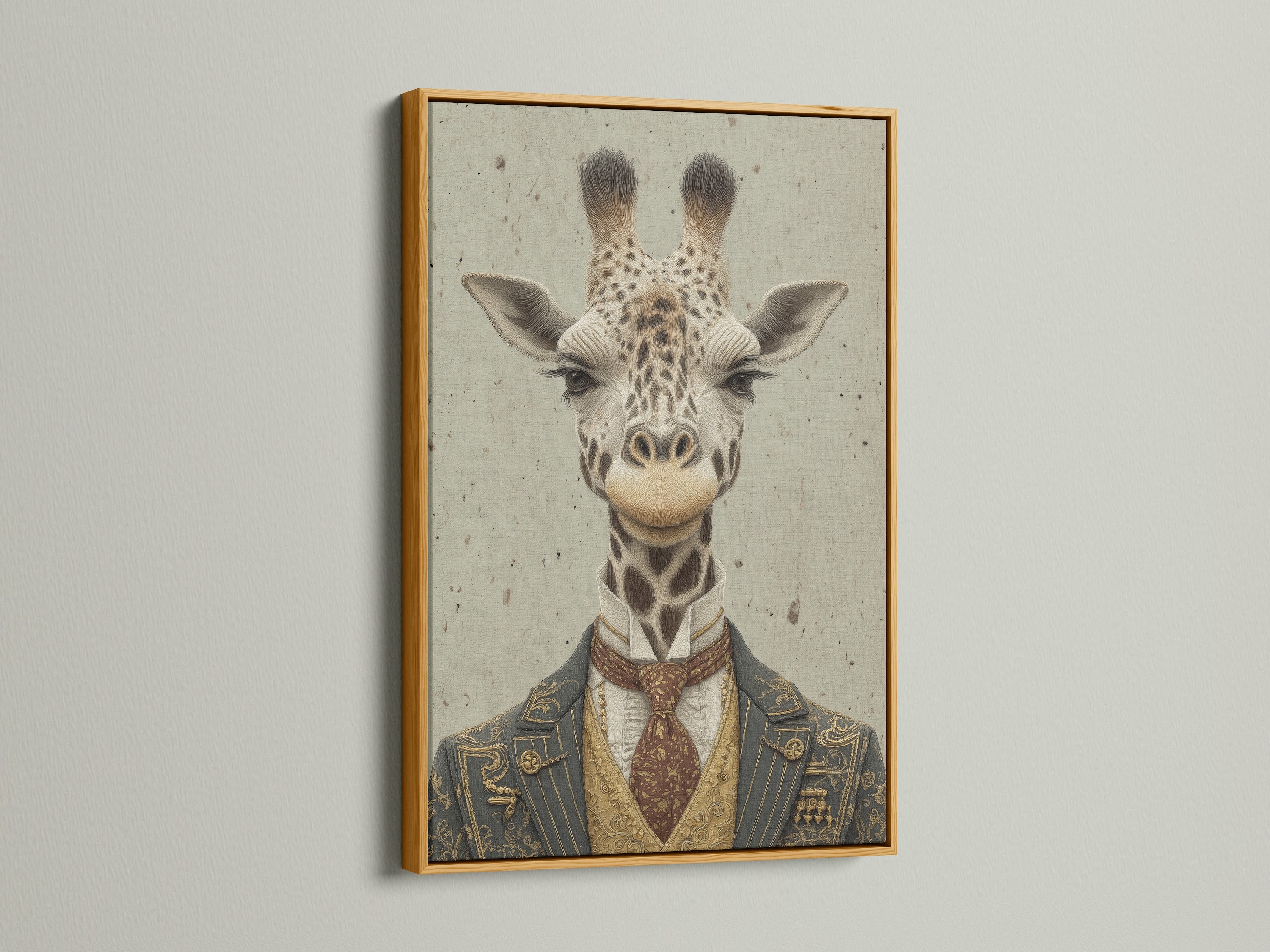 A gold frame highlights the vintage gentleman giraffe artwork. This piece embodies Victorian elegance. It is perfect for adding character to eclectic styles. This quirky animal print is a conversation starter.