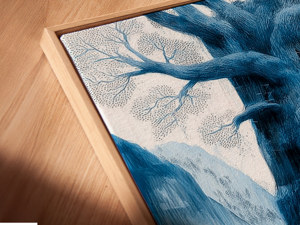 A close up angled view of the Yggdrasil Canvas Print in a floating frame. This Norse Mythology Wall Art appears to float adding a modern touch to your space. The floating frame enhances the teal and gold artwork. It's ideal for showcasing this Viking Tree of Life poster.