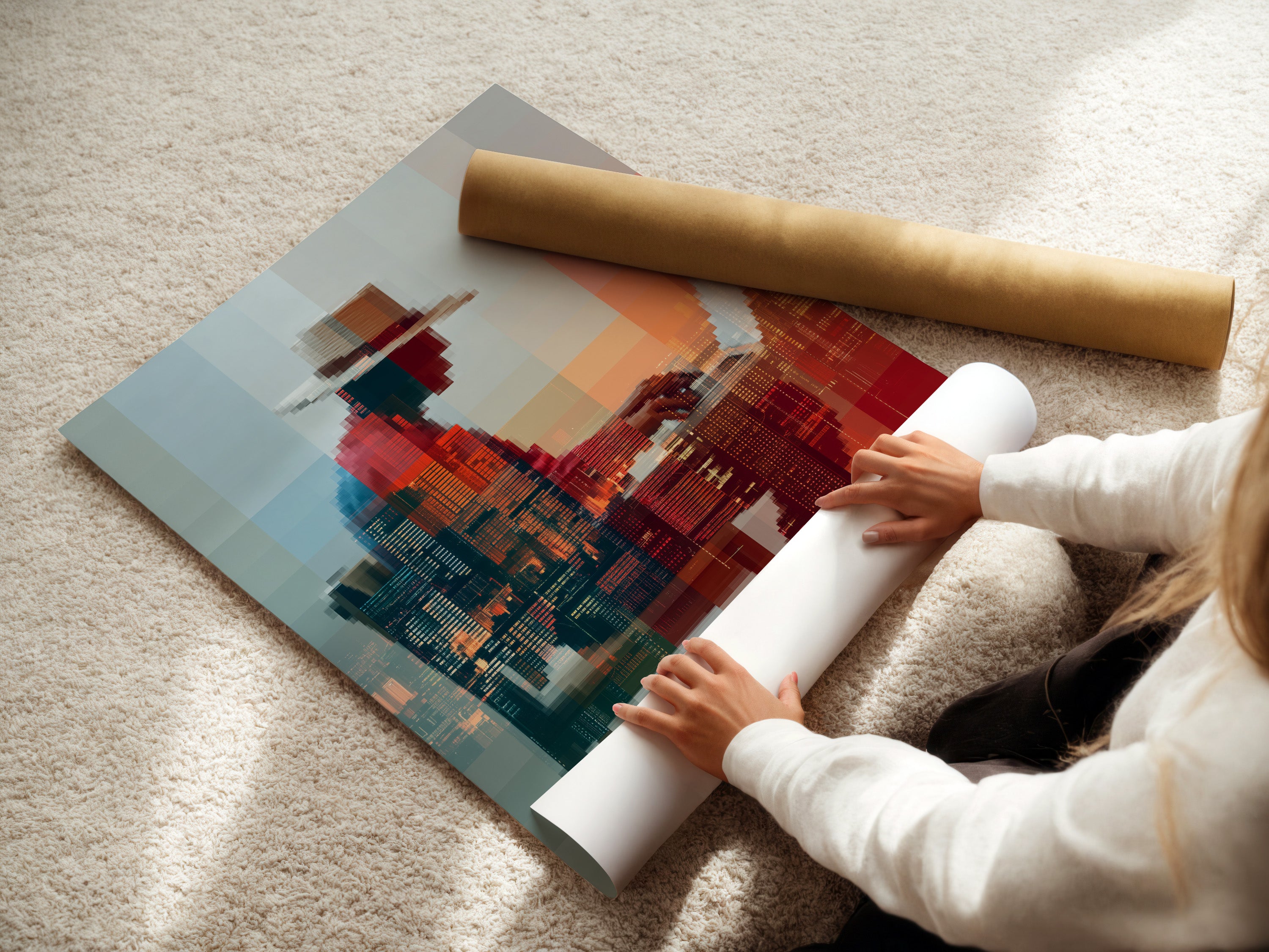A woman expertly rolls a fine art poster paper. The paper will be used for a digital art print. The abstract pixelated figure will soon become wall art. High-quality materials ensure a stunning final product.