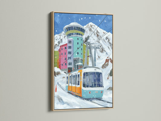 A vibrant alpine cable car art print in an oak frame. This mountain village artwork adds a touch of vintage ski resort charm to any room. The lodge style wall art features blue and orange colors.