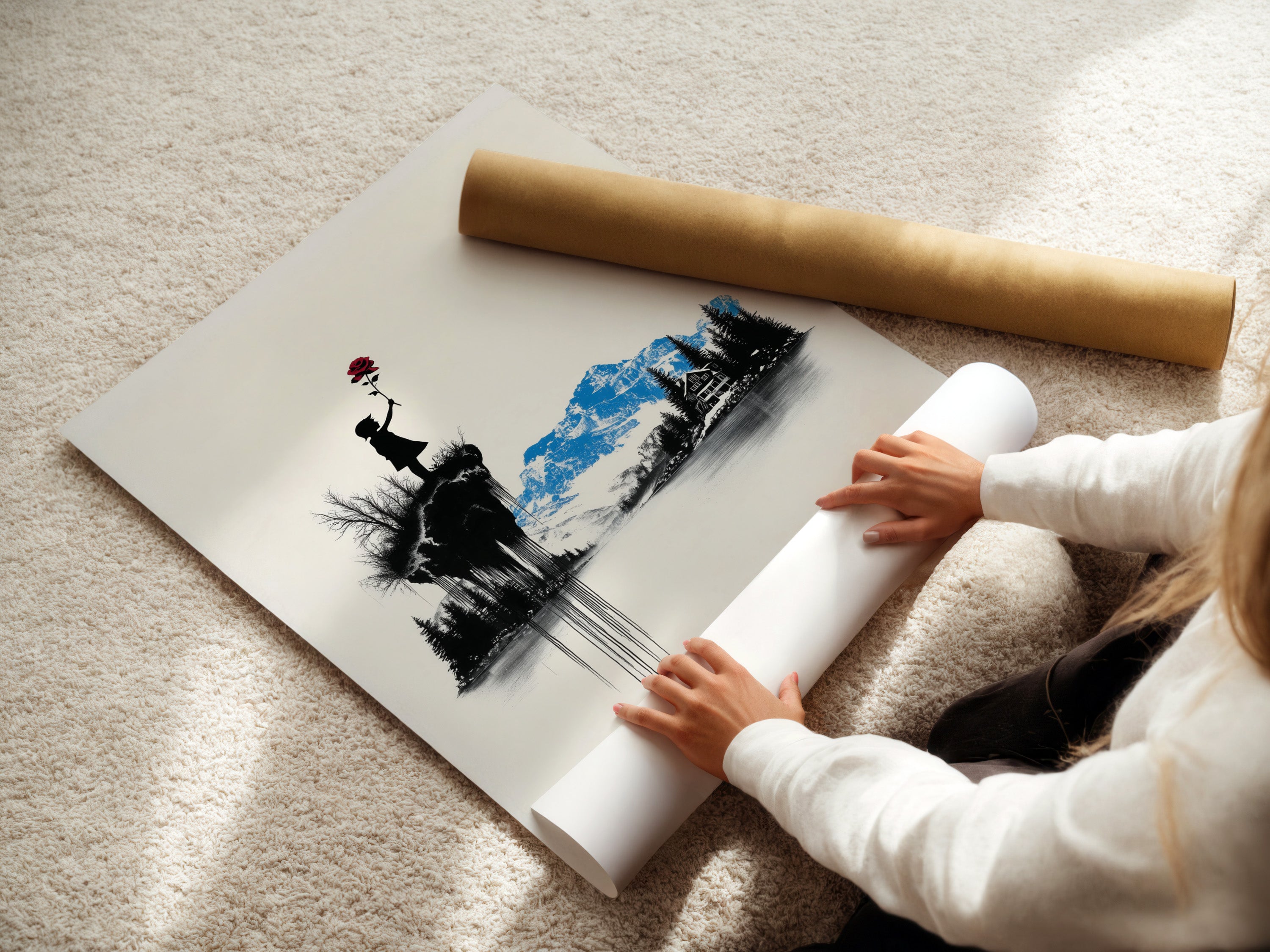 A woman is carefully rolling a fine art poster paper. She is preparing it for framing or display. The fine art paper ensures high-quality prints. This will bring your artwork to life.