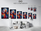 A size comparison chart is displayed in an interior setting. This chart helps visualize artwork dimensions. Choose the perfect size for your space. See how different sizes complement your decor.