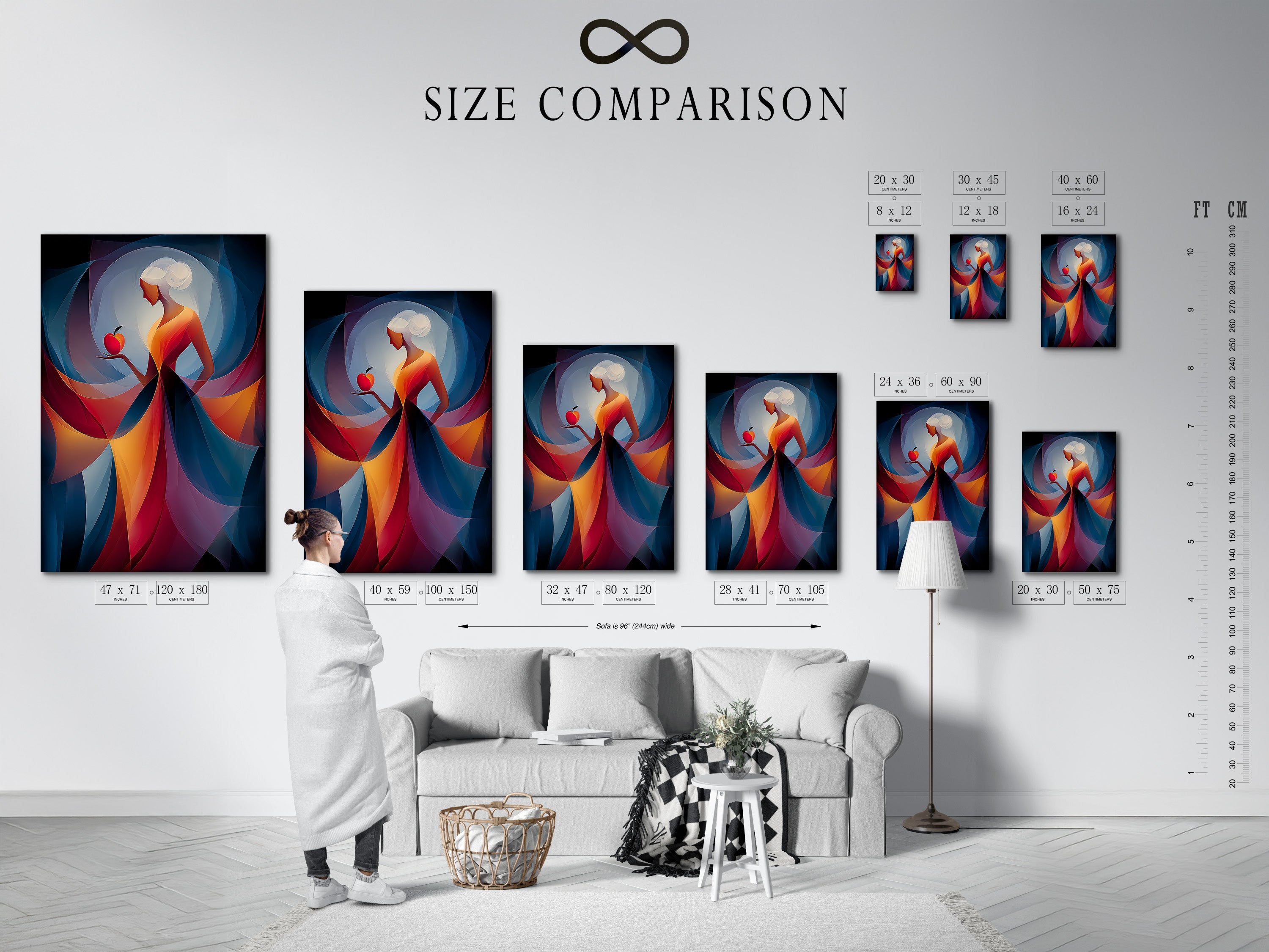 A size comparison chart is displayed in an interior setting. This chart helps visualize artwork dimensions. Choose the perfect size for your space. See how different sizes complement your decor.