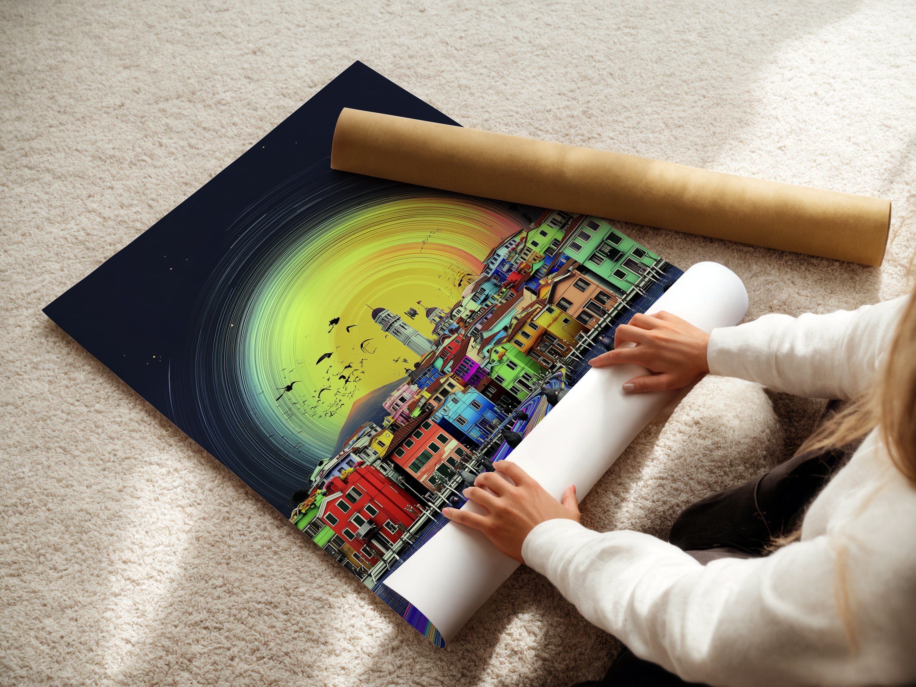 A woman carefully rolling a fine art poster paper of Venice artwork. The image shows the care in preparing a vivid art print. Ideal for travel art print collections or colorful wall art displays. Perfect for art lovers.