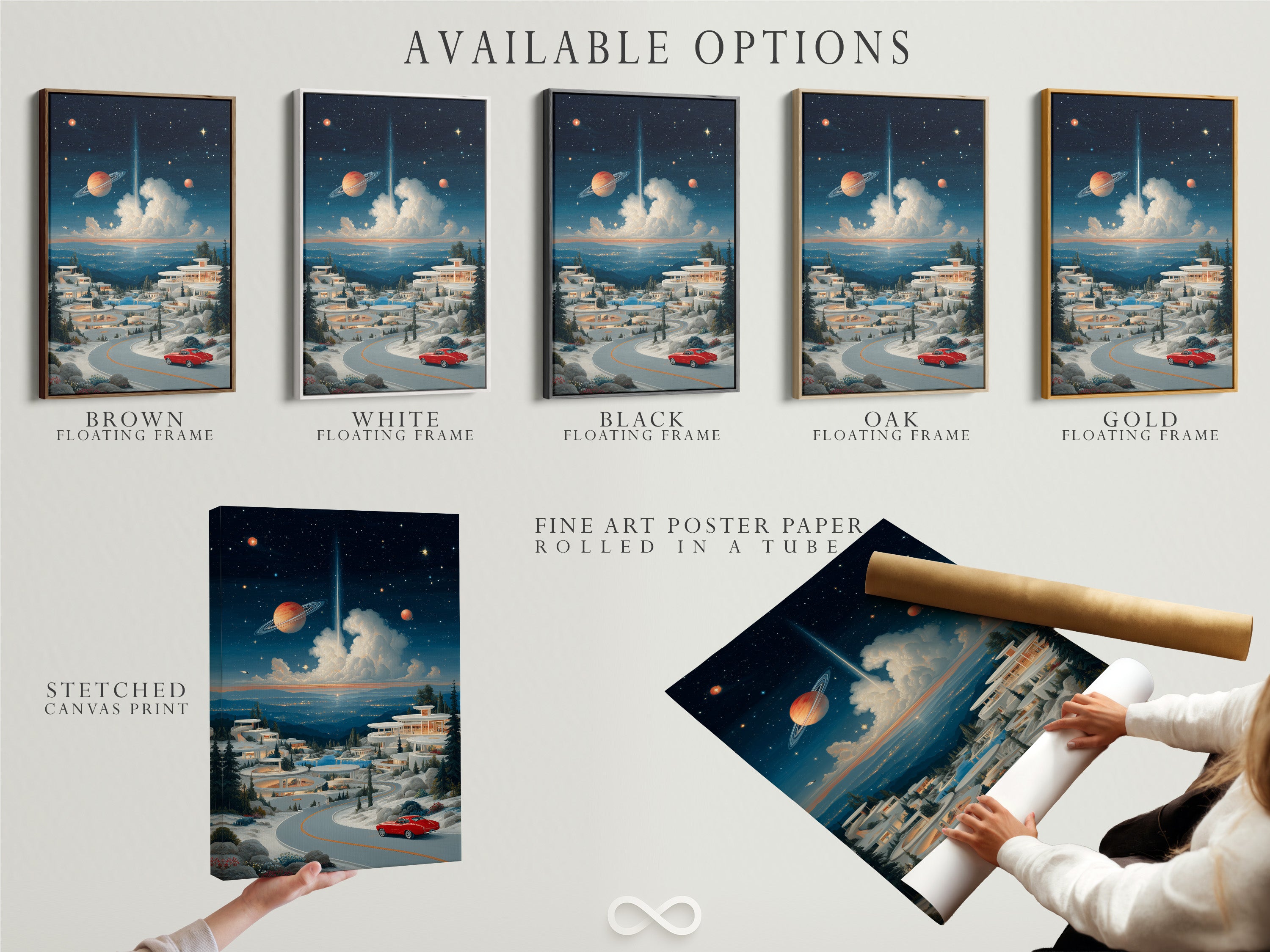 Available options for the surreal space landscape artwork. Choose between stretched canvas print fine art poster paper or floating frame. Retro futuristic wall art to suit your style. Enhance your bedroom wall art today.