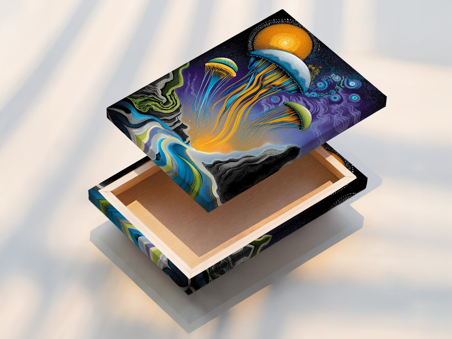 A stretched canvas print of the jellyfish artwork is presented. The ocean canvas is ready to hang and enjoy. This surreal wall art adds a vibrant touch to your decor. The blue and gold colors create a stunning visual impact. Ideal for modern homes and coastal-themed spaces. This marine artwork is a perfect addition.