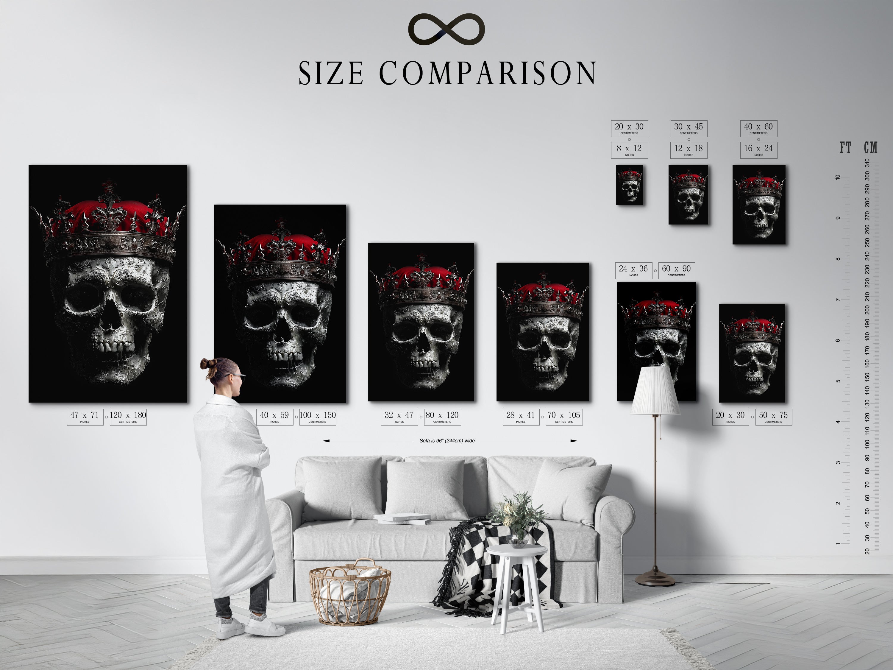 Size comparison chart displayed in an interior setting. See how the skull king canvas print fits in your space. The gothic crown and dark macabre artwork enhance any room. Ideal for gothic industrial minimalist or eclectic styles.