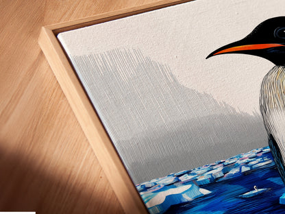 Close-up of a Penguin Family Canvas Print in a Floating Frame. The floating frame gives the artwork a modern gallery look. This arctic wildlife art is perfect for a nursery. See the detail and quality of this beautiful piece.