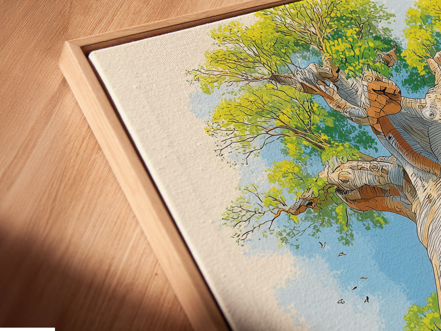 Close up angled view of a canvas print in a floating frame. The artwork is a Baobab Tree African landscape. It showcases a modern presentation style. Perfect for adding depth and sophistication to any wall decor with botanical art.