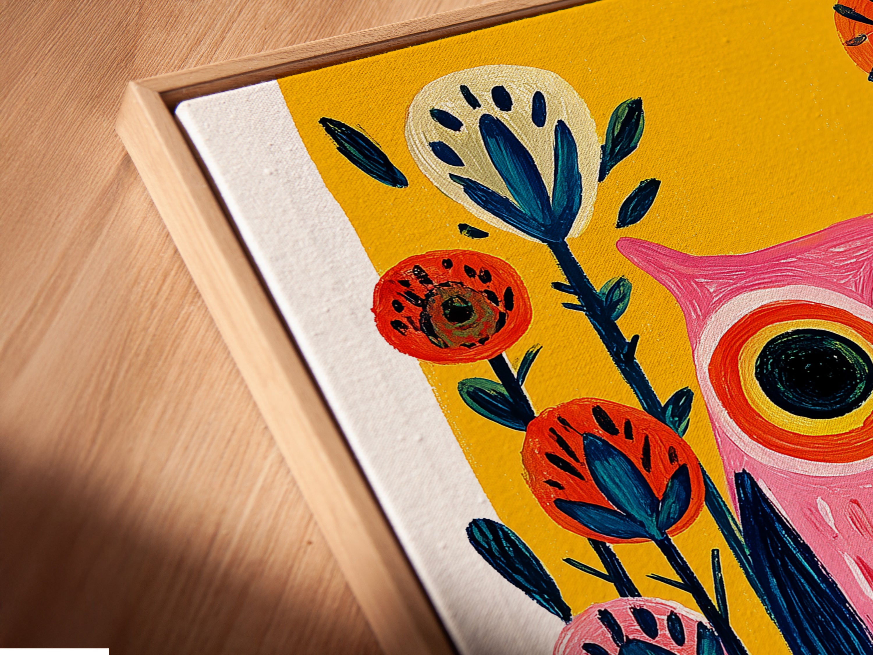 Angled close up of a Colorful Owl canvas print in a floating frame. This folk art print features a whimsical bird artwork. Perfect for a kids bedroom or nursery decor. Add a touch of charm to your space with this contemporary artwork. The primary color is pink and the secondary color is yellow.