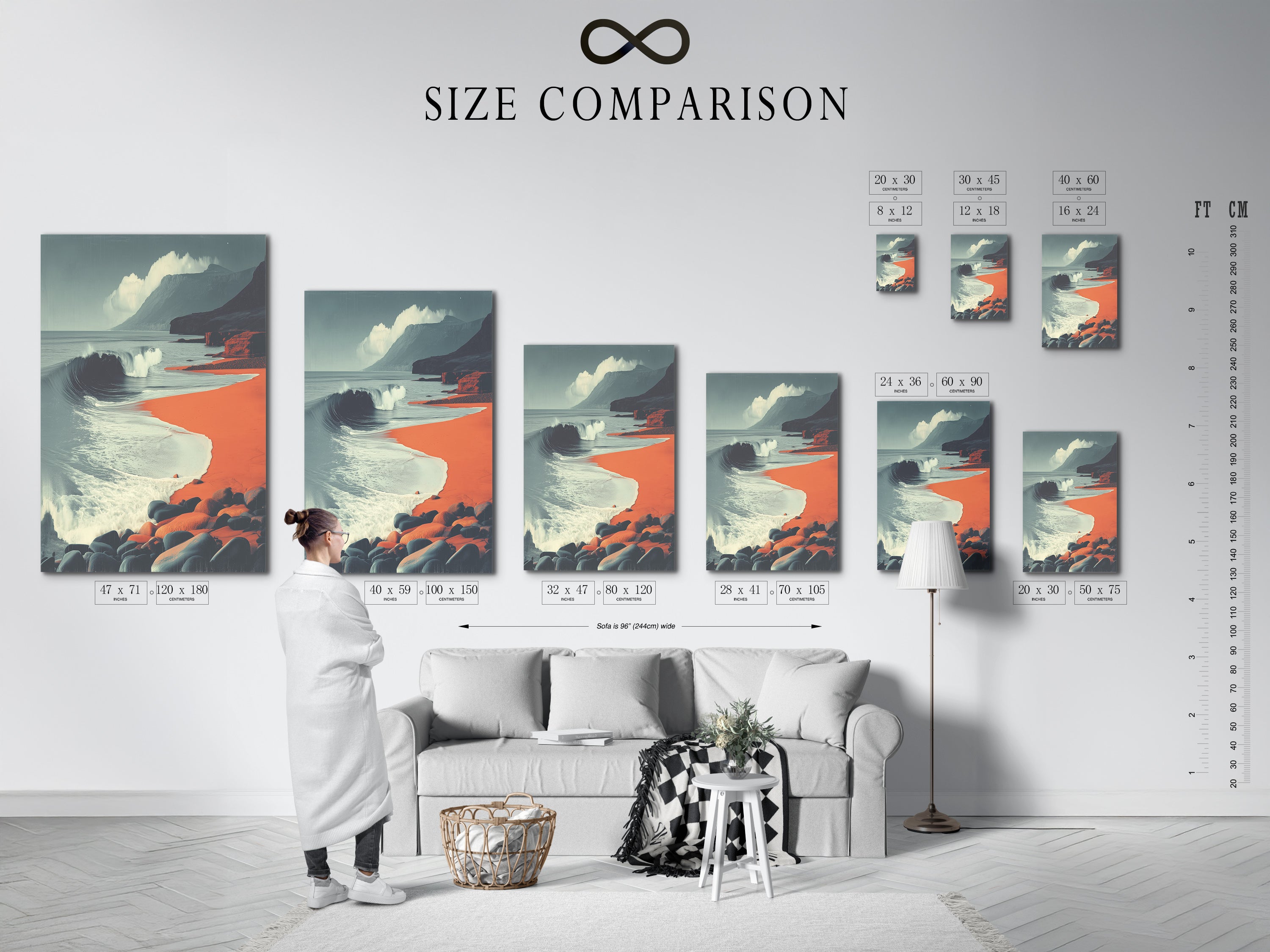 Size comparison chart displayed in an interior setting. See how different sizes of artwork fit in your space. Choose the perfect dimensions for your wall decor. Visualize your modern art print before you buy.