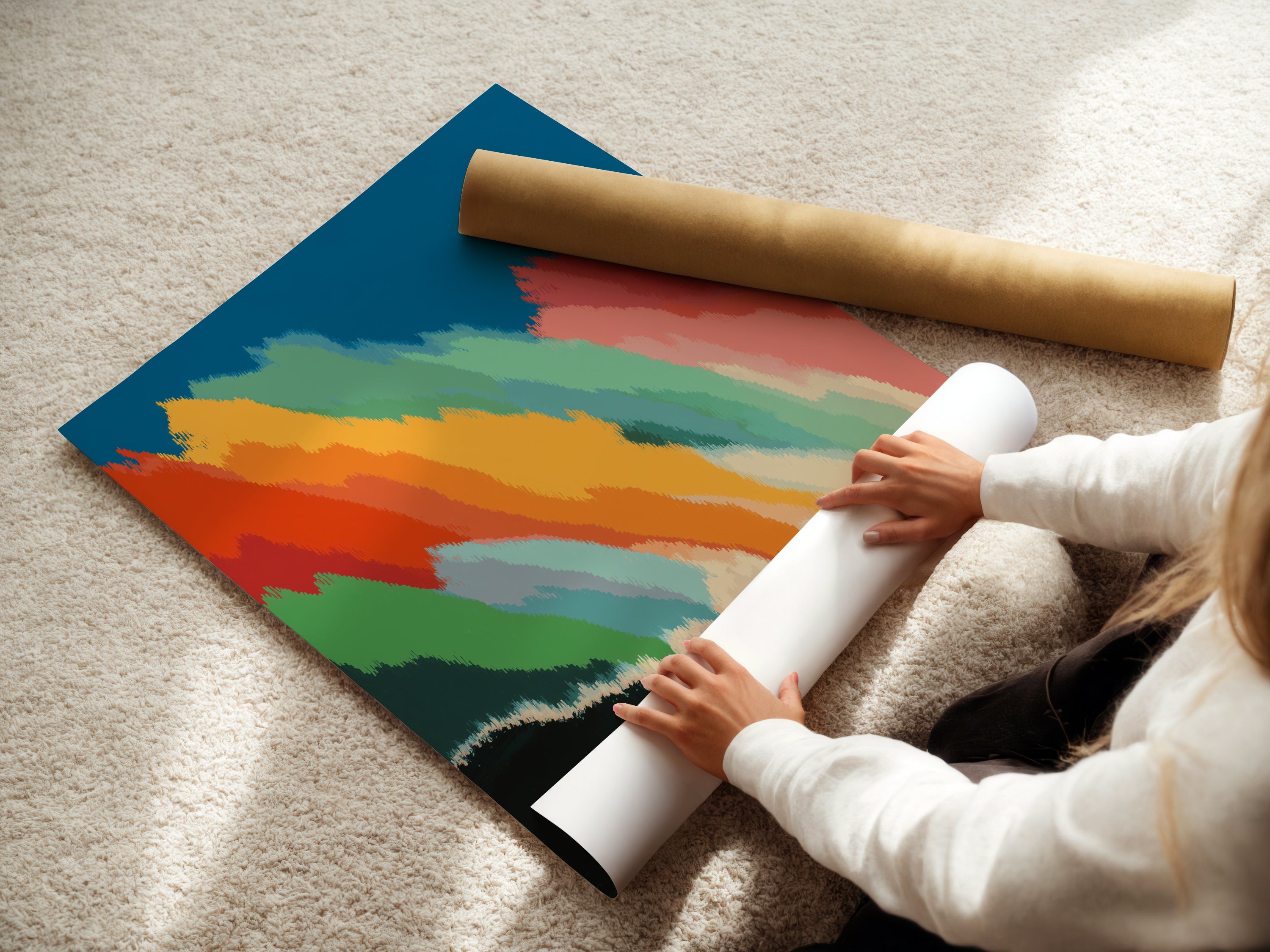 A woman is carefully rolling a fine art poster paper. This high-quality paper ensures your surfer wall art will have exceptional detail and vibrant colors. Fine art poster paper is a great option for versatile wall displays. The art poster is ready to be framed and enjoyed.